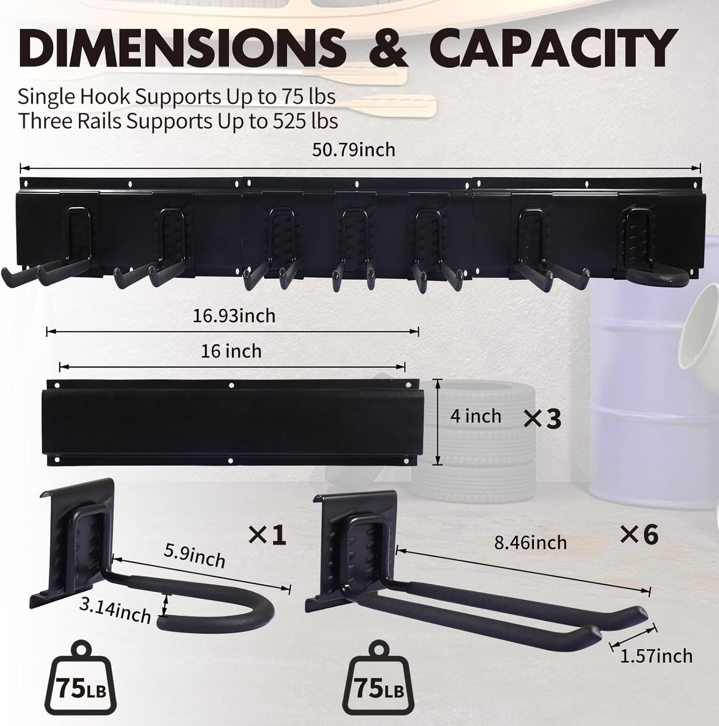 Garage Organization, 48 Inch Garden Tool Organizer Max Load 525 lb, Garage Tool Organizer Wall Mount with 7 Organization Hooks and Bike Hooks, Updated 16 Inch Studs Spacing