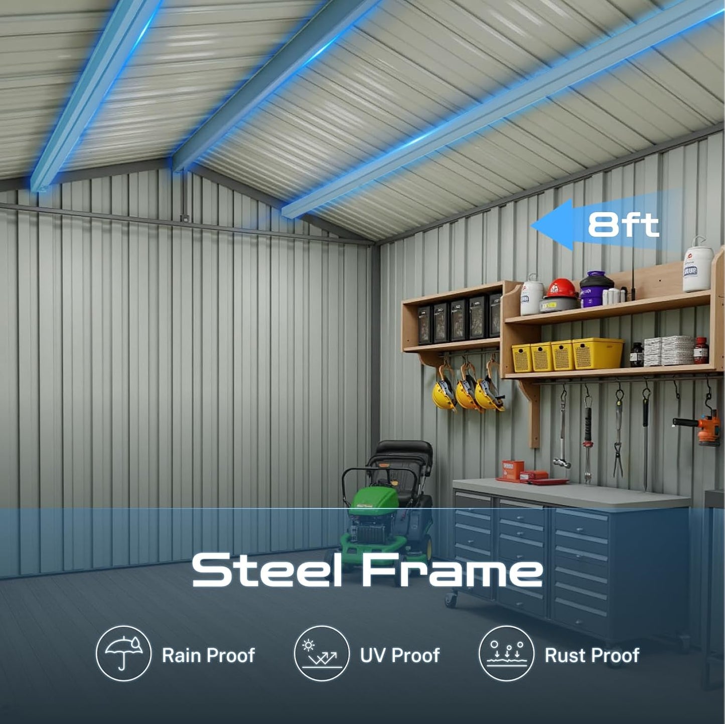 10 x 8 FT Outdoor Storage Shed, Metal Garden Tool Shed with Slooping Roof, Lockable Doors and Windows, Easy to Assemble for Garden, Patio, Lawn, White+Yellow