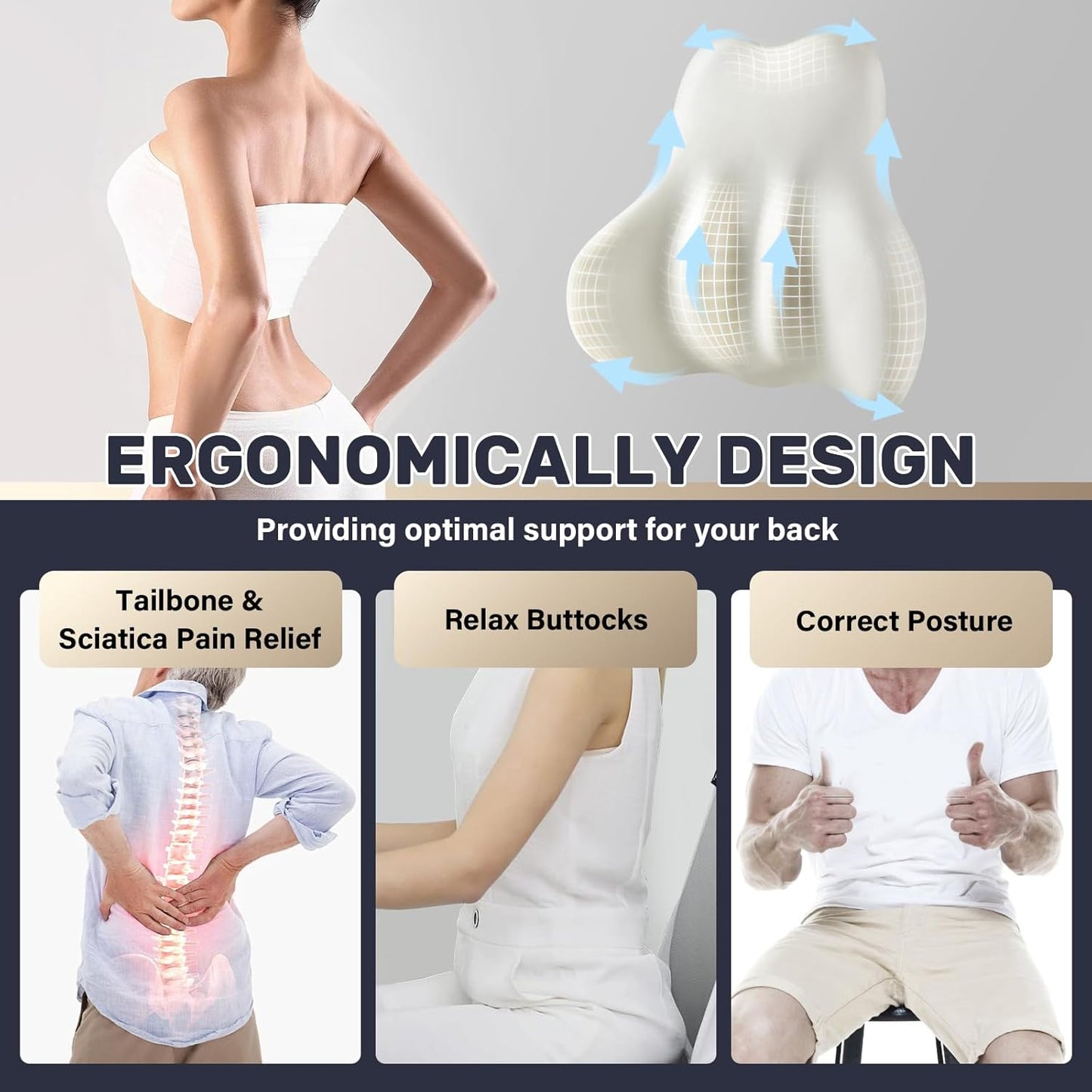 Coverado Lumbar Support Pillow for Car, Ergonomic Memory Foam Back Pillow for Office Chair, New Back Cushion for Pain Relief, PU Leather Car Lumbar Support for Driving Seat - BK