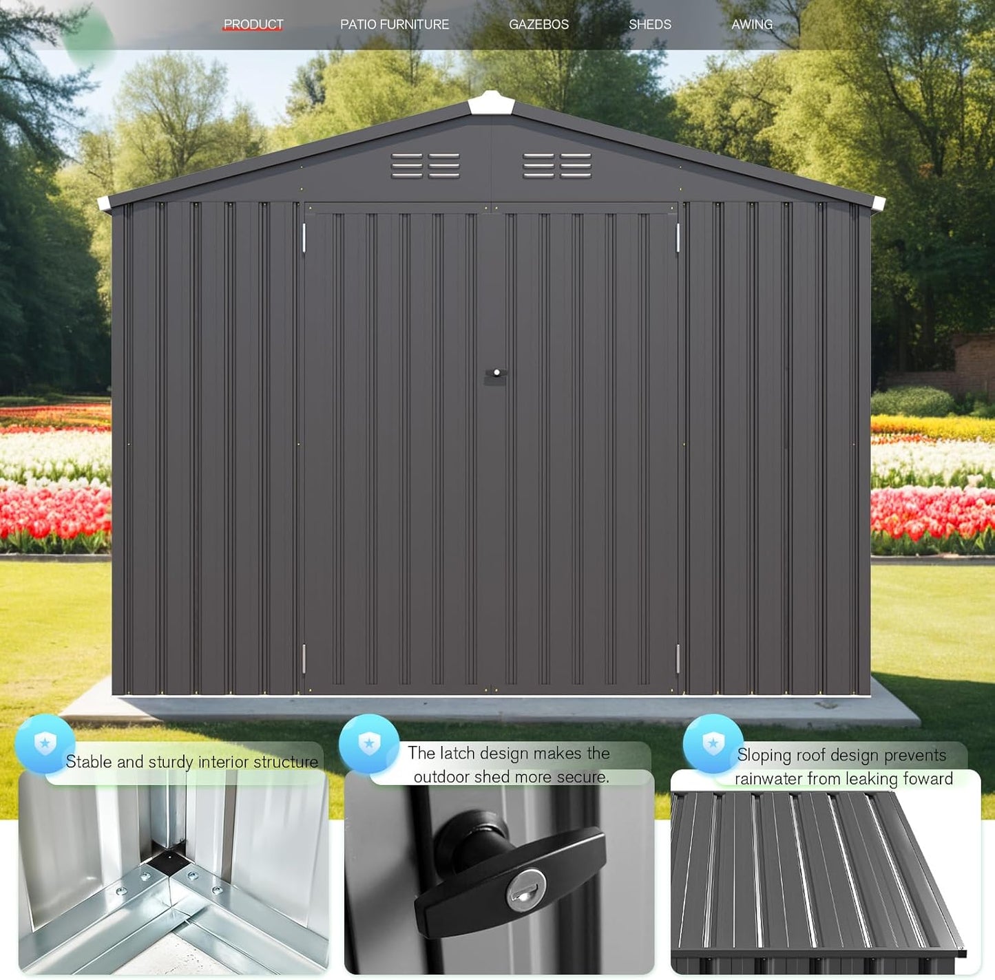 AECOJOY Shed 8' x 6' Metal Storage Shed for Outdoor, Dark Grey Steel Backyard Shed (53 Sq.Ft Land) with Design of Lockable Doors, Utility and Tool Storage for Garden, Backyard, Patio, Outside use