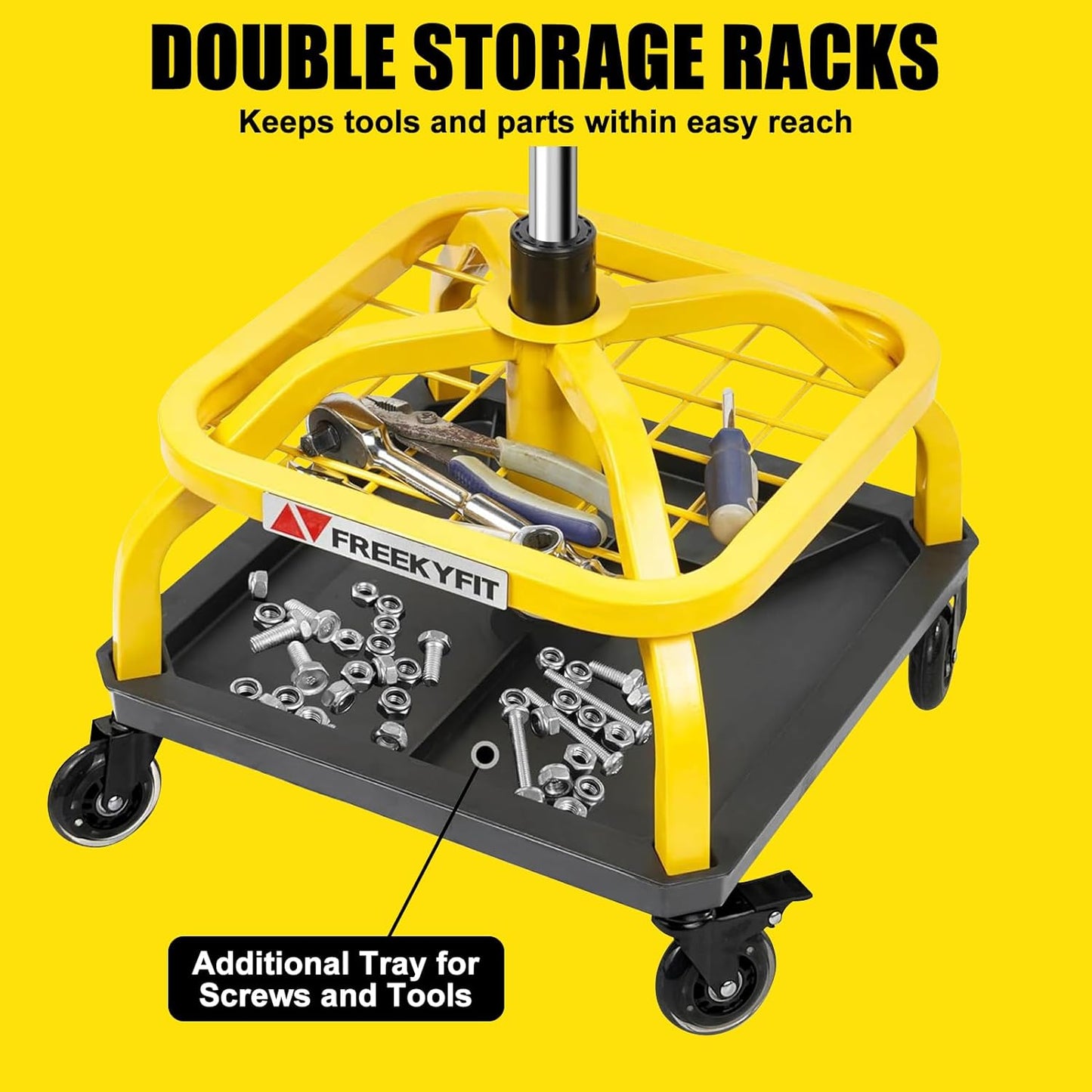 Rolling Shop Stool with Wheels, Garage Work Mechanic Stool with Backrest, Roller Mechanic Chair, Adjustable Height, 360° Swivel, Tool Tray Storage, 330 LBS Capacity, Heavy Duty, Yellow