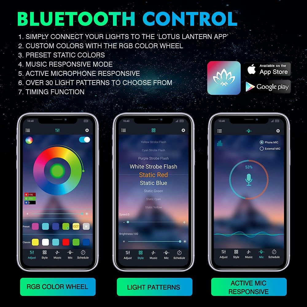 Xprite Bluetooth RGB LED Rock Lights Kit, Multicolor Neon Accent Music Flashing Lighting Underglow Kits with RF Controller for Off-Road, Trucks, Cars, UTV, ATV, SUV, RZR, Motorcycles, Boats - 10 PCS