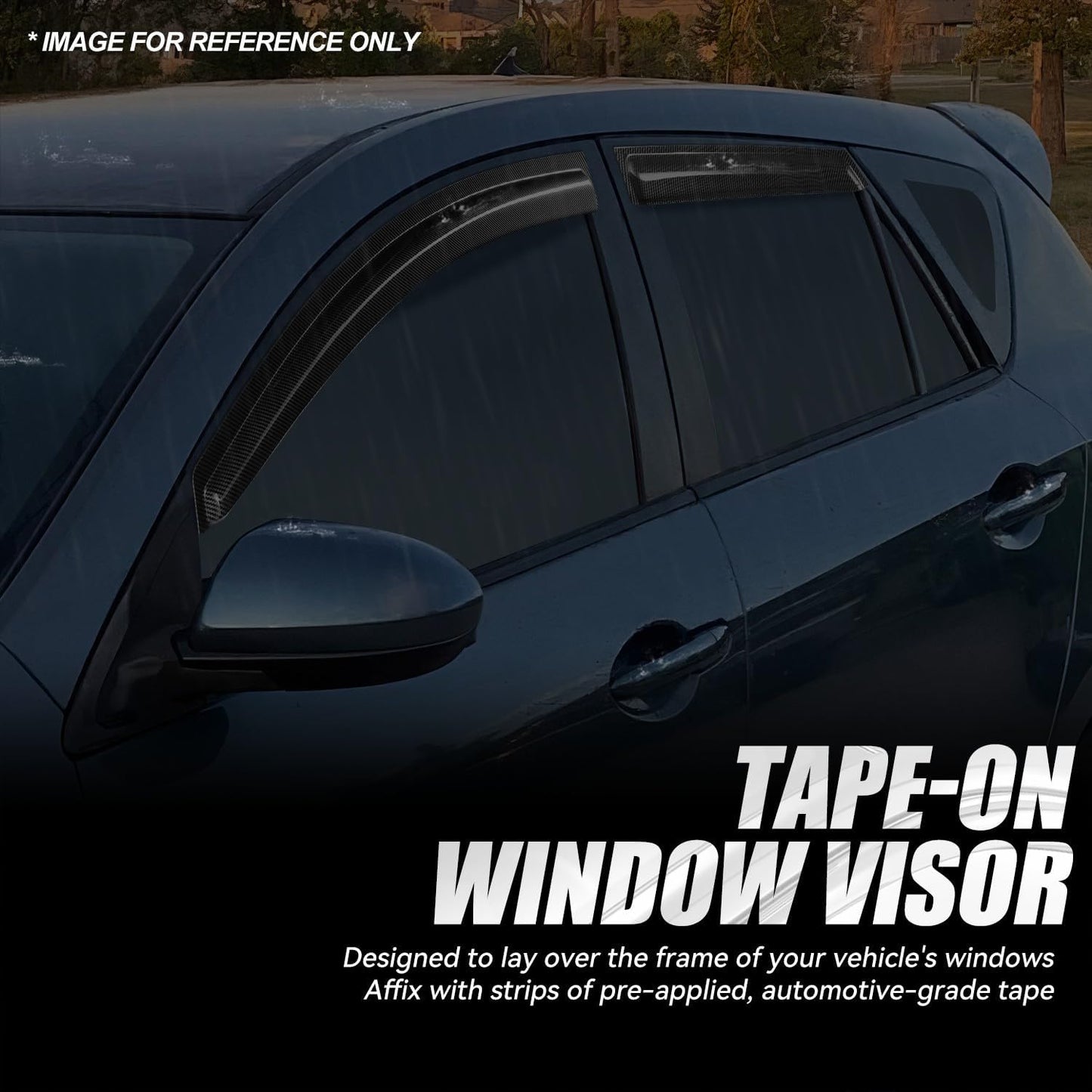 Auto Dynasty 4Pcs Carbon Fiber Pattern Window Visors Compatible with 2010 2011 2012 2013 Mazda 3 Hatchback, Tape-On Front & Rear Window Deflectors Rain Guards Sun Air Side Vent Shade, Glossy Black