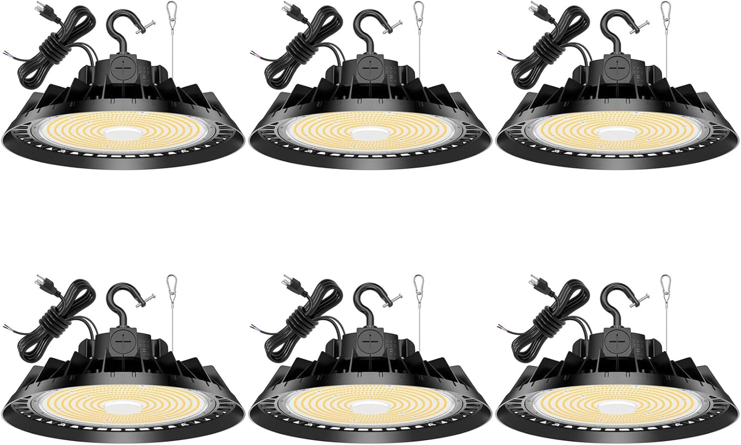 6Pack LED High Bay Lights, 200W UFO High Bay LED Shop Lights, 30000LM Adjustable CCT(5700K 5000K 4500K) & Power(200W 150W 100W), 0-10V Dimmable, 5' Cable Plug, IP65 Waterproof, ETL & DLC Listed