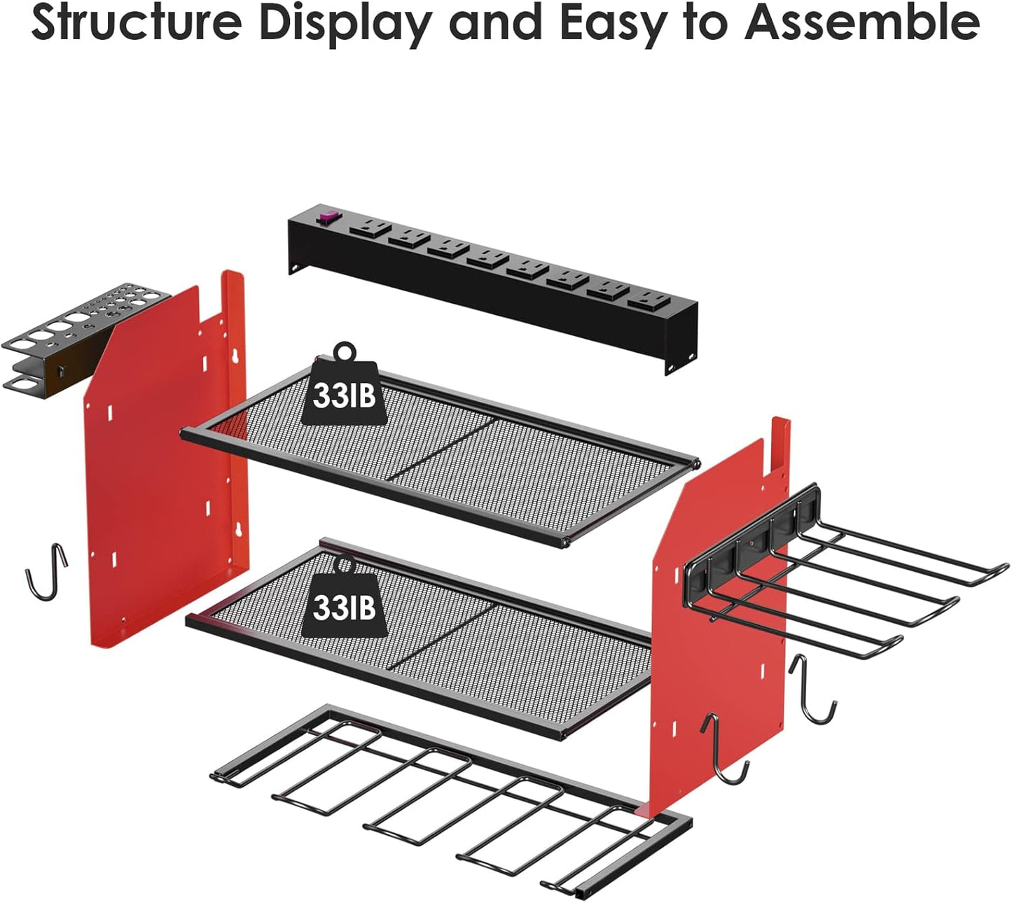 CCCEI Modular Power Tool Organizer Wall Mount Charging Station, Red 6 Drills Holder with 8 Plug Power Strip, Garage Drill Battery Heavy Duty Metal Shelf, Utility Rack with Hooks, Side Storage.