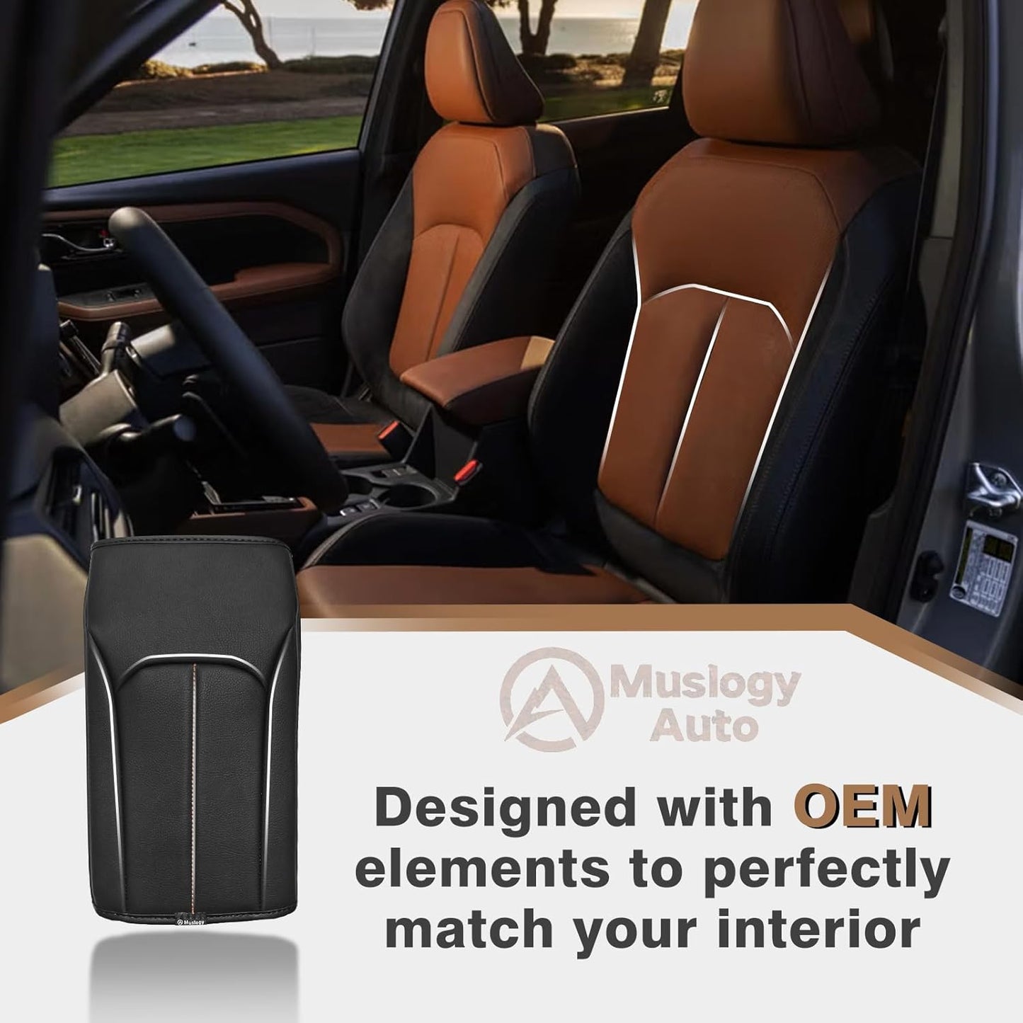 Muslogy Center Console Cover Compatible with Subaru Forester 2025 Accessories Armrest Cover Lid Cushion Protector Anti-Scratch Vegan Leather Extra Soft (Black/Brown Stitching)