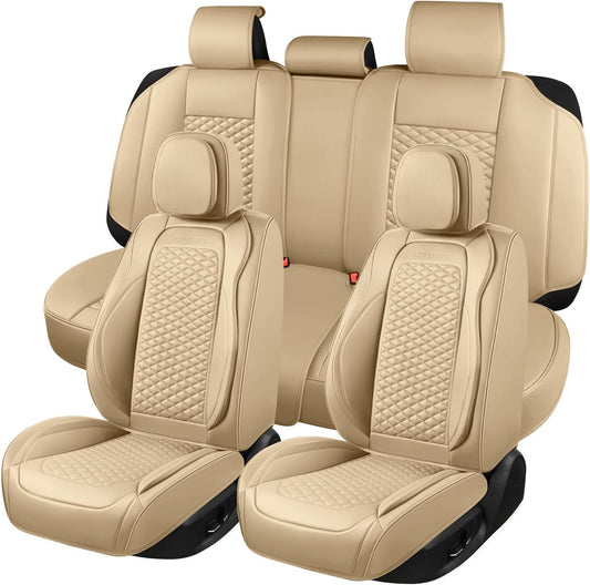 Car Seat Covers Full Set Leather Seat Covers Automotive Seat Covers Universal Car Seat Cover for Most Cars Beige