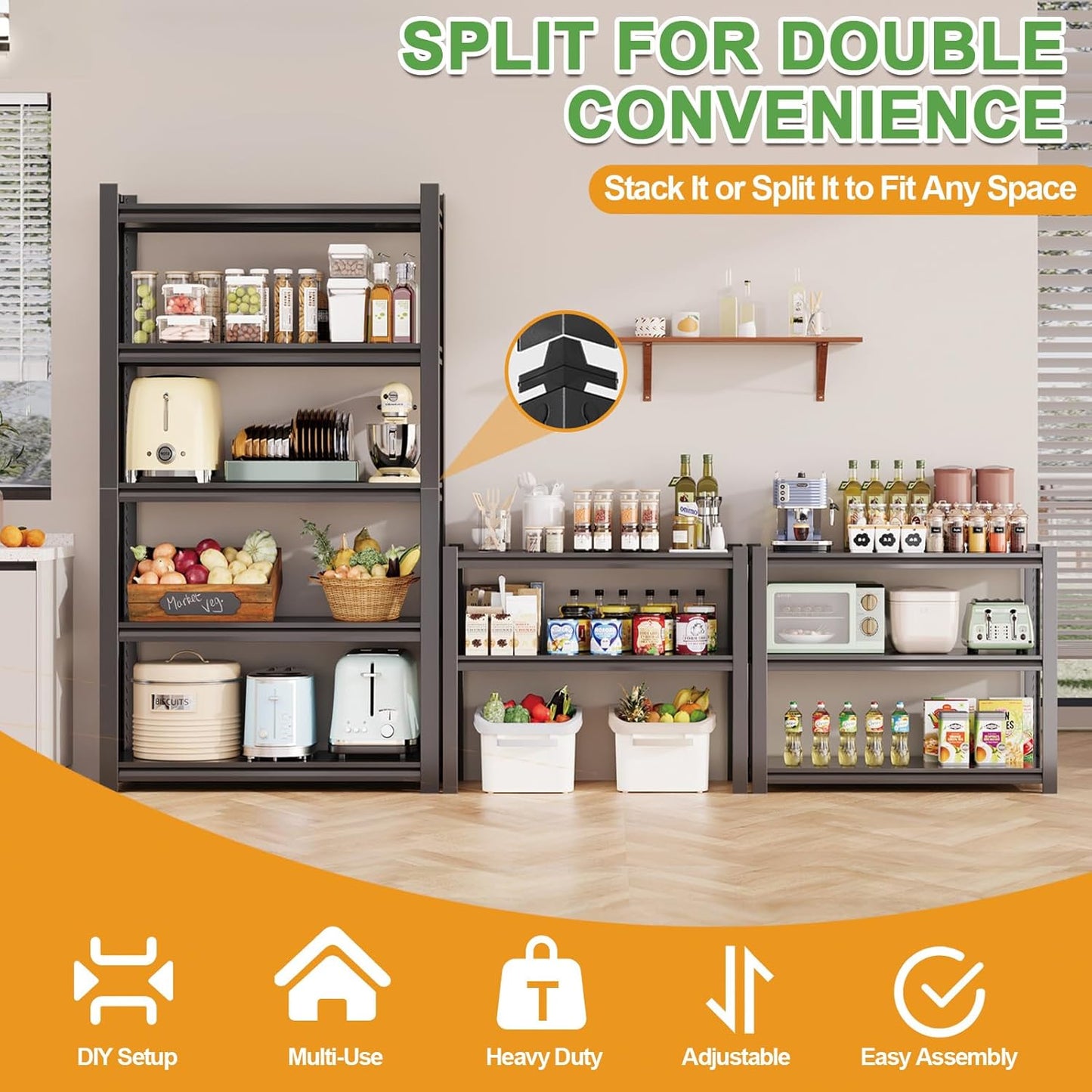 72H Metal Kitchen Storage Shelves, 2500 LBS Heavy Duty Garage Shelving Unit, 5-Tier Adjustable Pantry Shelves, Food and Beverage Storage Rack, Appliance Storage Utility Shelf for Balcony - Black