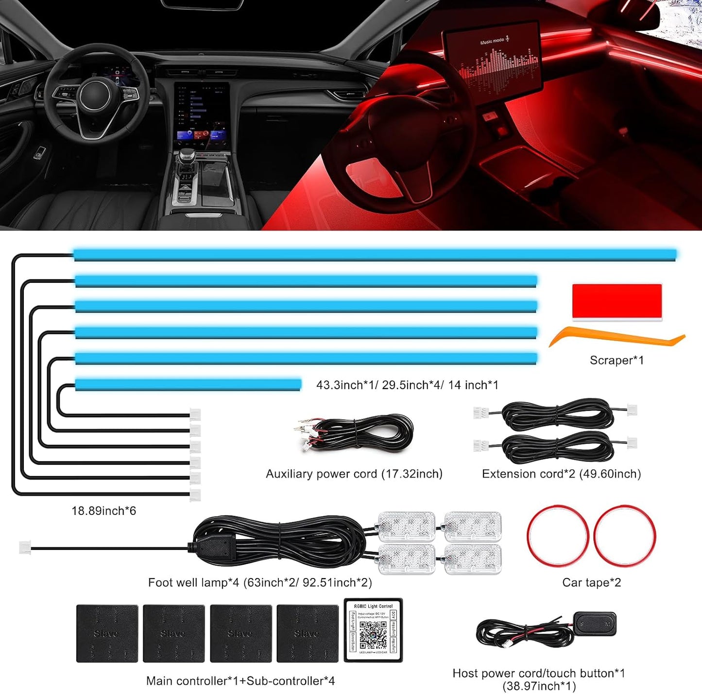 Acrylic Interior Car LED Strip Light with Wireless APP, RGB 10 in 1 with 175 inches 612 LEDs Fiber Optic Car Ambient Lighting Kits, Dynamic Music Sync Neon LED Strip Lights for Car