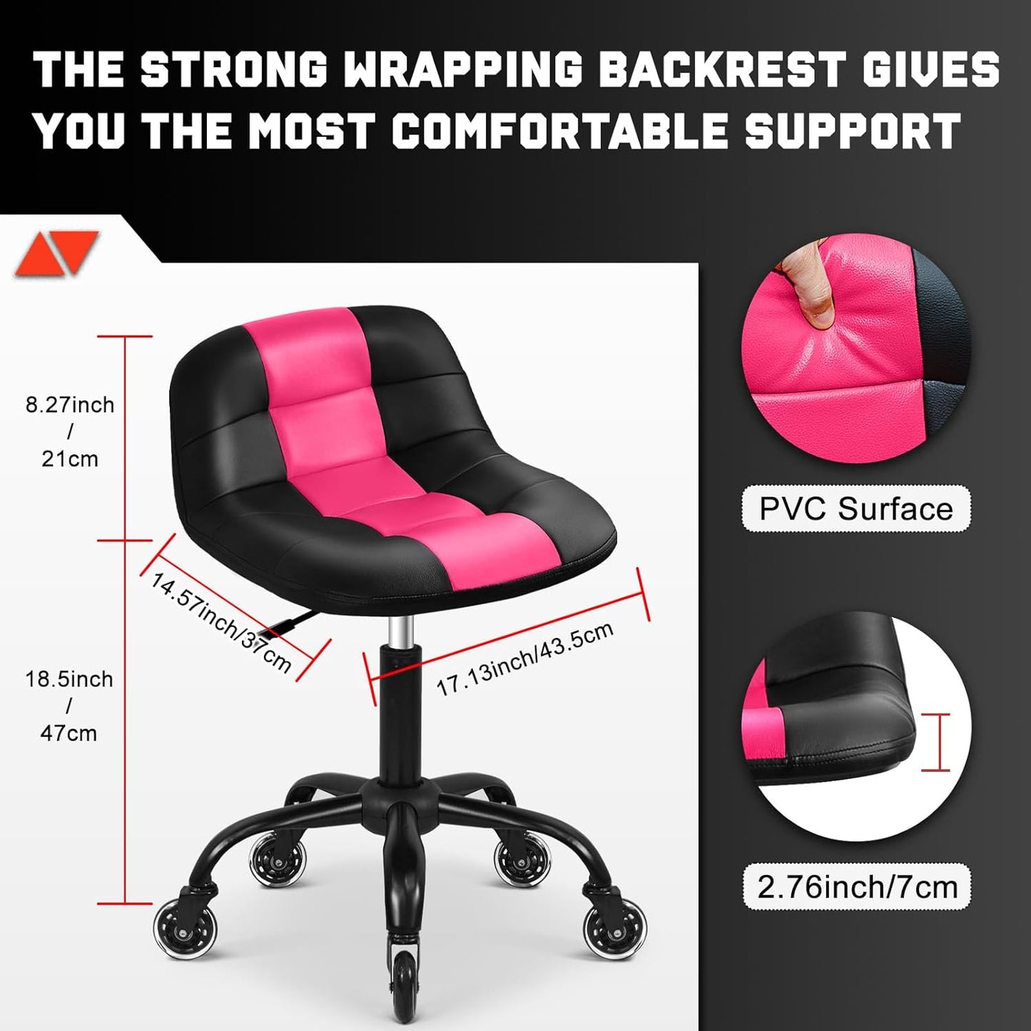 Rolling Stool with Wheels, Garage Shop Stool with Backrest, Roller Seat with Pneumatic Adjustable Height 16.93"-19.69", Heavy Duty Multi-Purpose Chair for Shop Salon Office Home, Pink