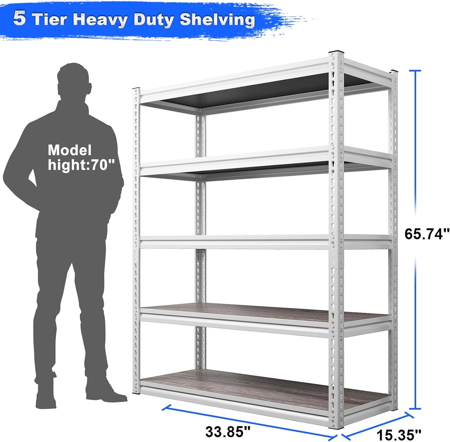 REIBII Garage Shelving 2500LBS Storage Shelves Adjustable Heavy Duty Shelving Metal Shelving 65.7" H Metal Shelves White Shelves for Pantry Kitchen 15.3" D x 33.8" W x 65.7" H