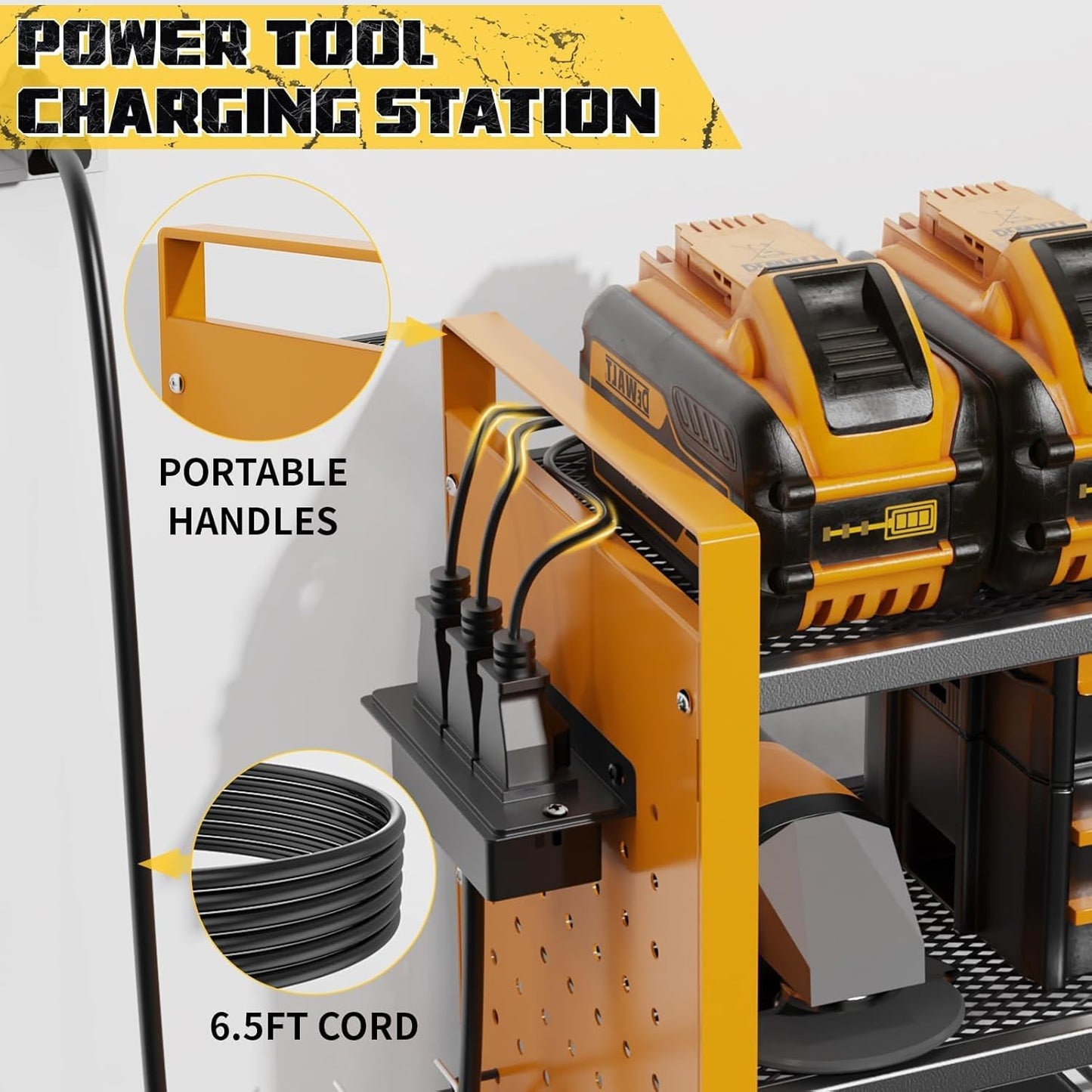 Power Tool Organizer with Charging Station Wall Mount, 3 Layer Expanded Heavy Duty Garage Organization, 48.8 Inch Length Garage Tool Storage, 4 Drill Slot, 16" Standard Hole, Yellow