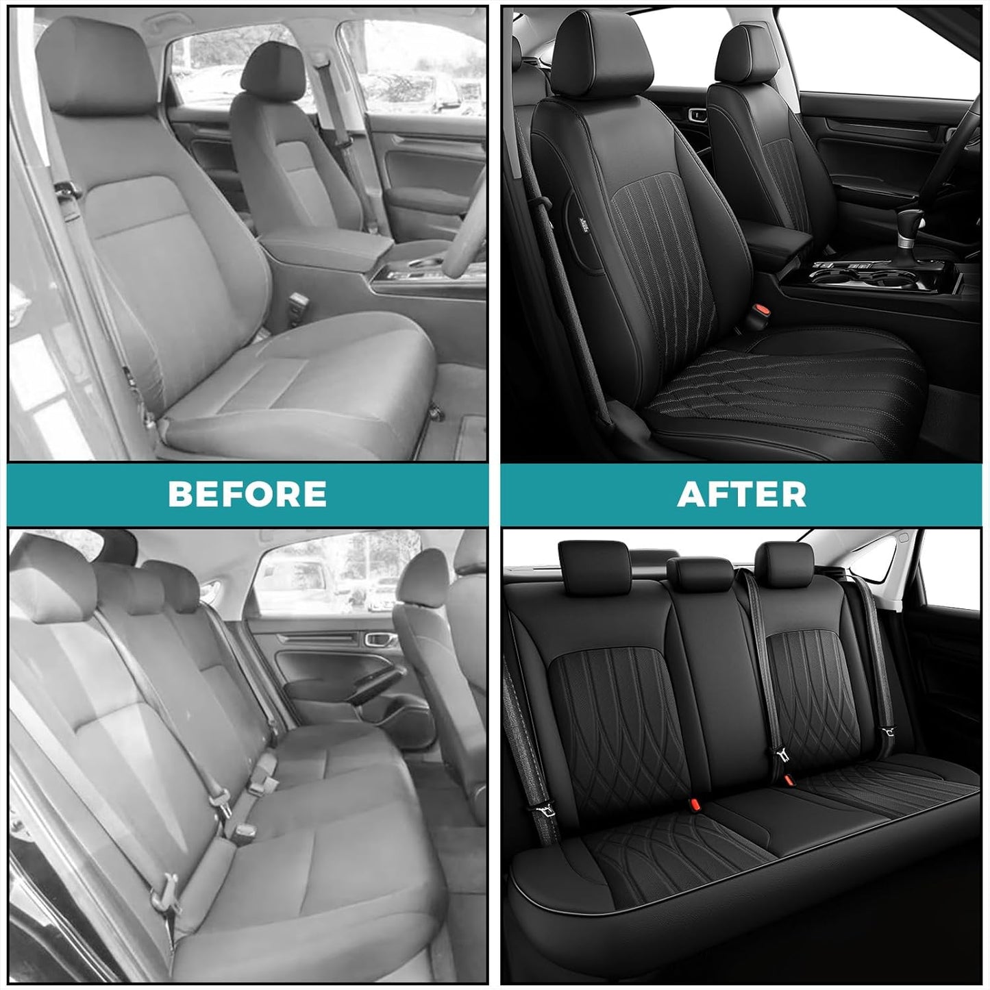 Seat Covers for Honda Civic Sedan 4DR Sedan LX 2022 2023 2024 2025.Faux Leather Car Seats Cover Full Set,(Rear Row Solid Folding Backrest)-Black