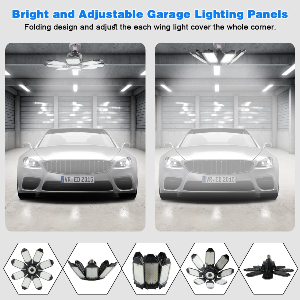 Led Garage Light - 20000LM Super Bright 6500K Garage Lights Ceiling Led w/ 8 Adjustable Panels Garage Shop Light Compatible for E26/E27 Socket Applicable for Workshop Barn Warehouse Attic