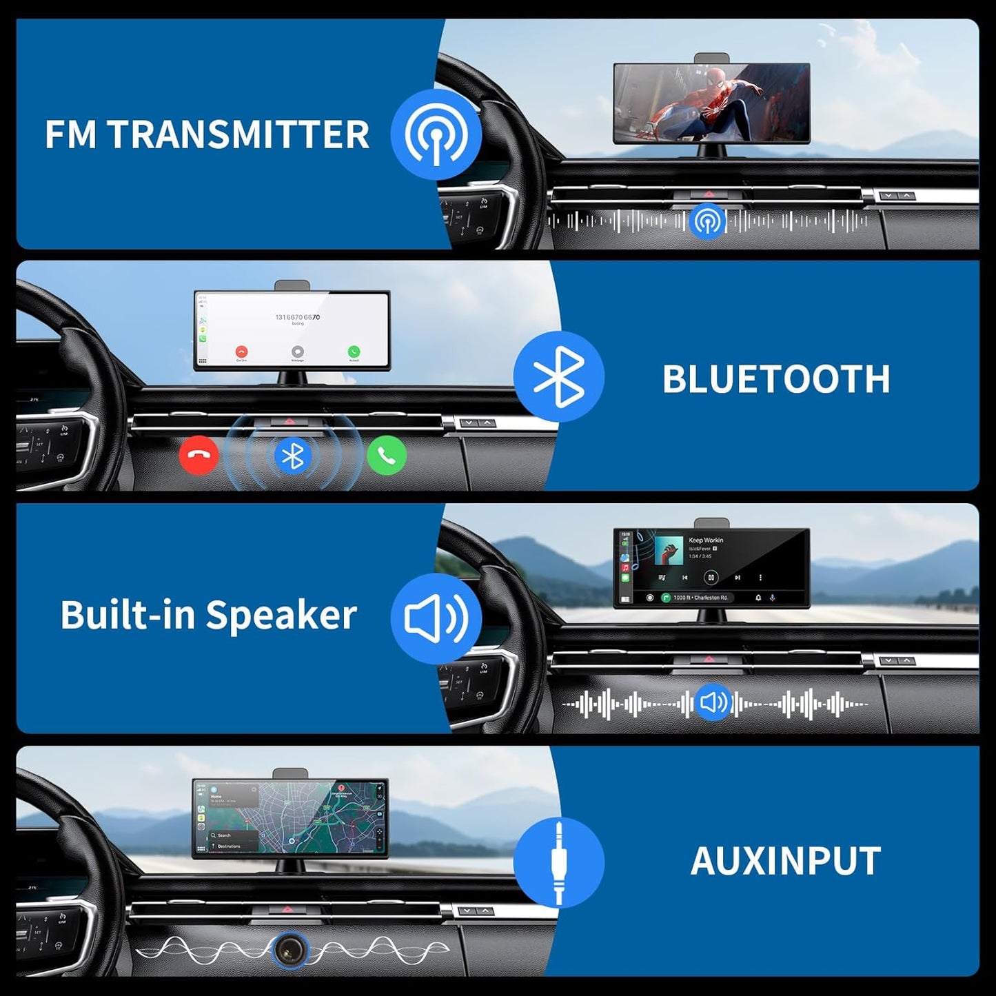 10.26" HD Wireless Android & Carplay Screen for Car, Portable Touchscreen Car Stereo with 4K Dash Cam, 1080P Backup Camera, Bluetooth, AUX/FM, Siri, Mirror Link, GPS Navigation