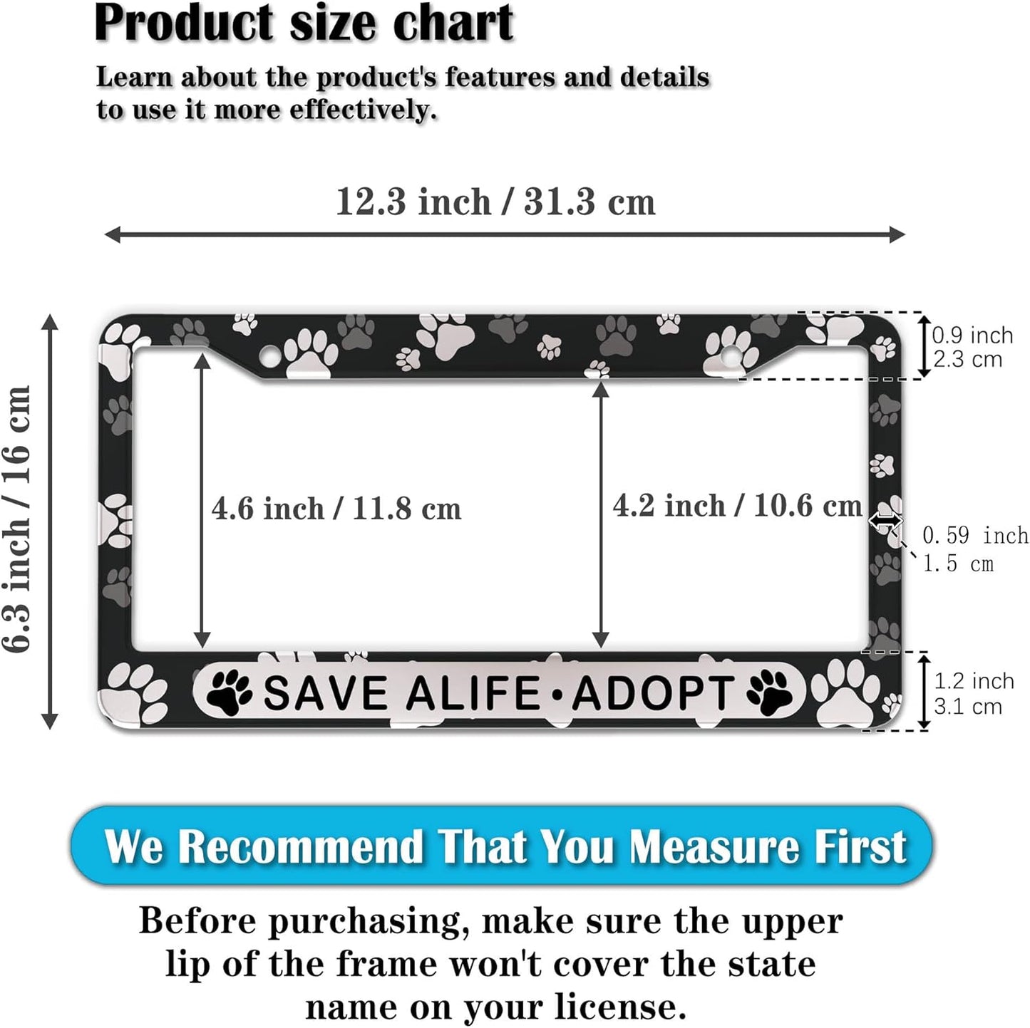 License Plate Holder Black and White License Plate Frames Save a Life Adopt Aluminum Metal Car Accessory 2 Pack with Screw Covers Set