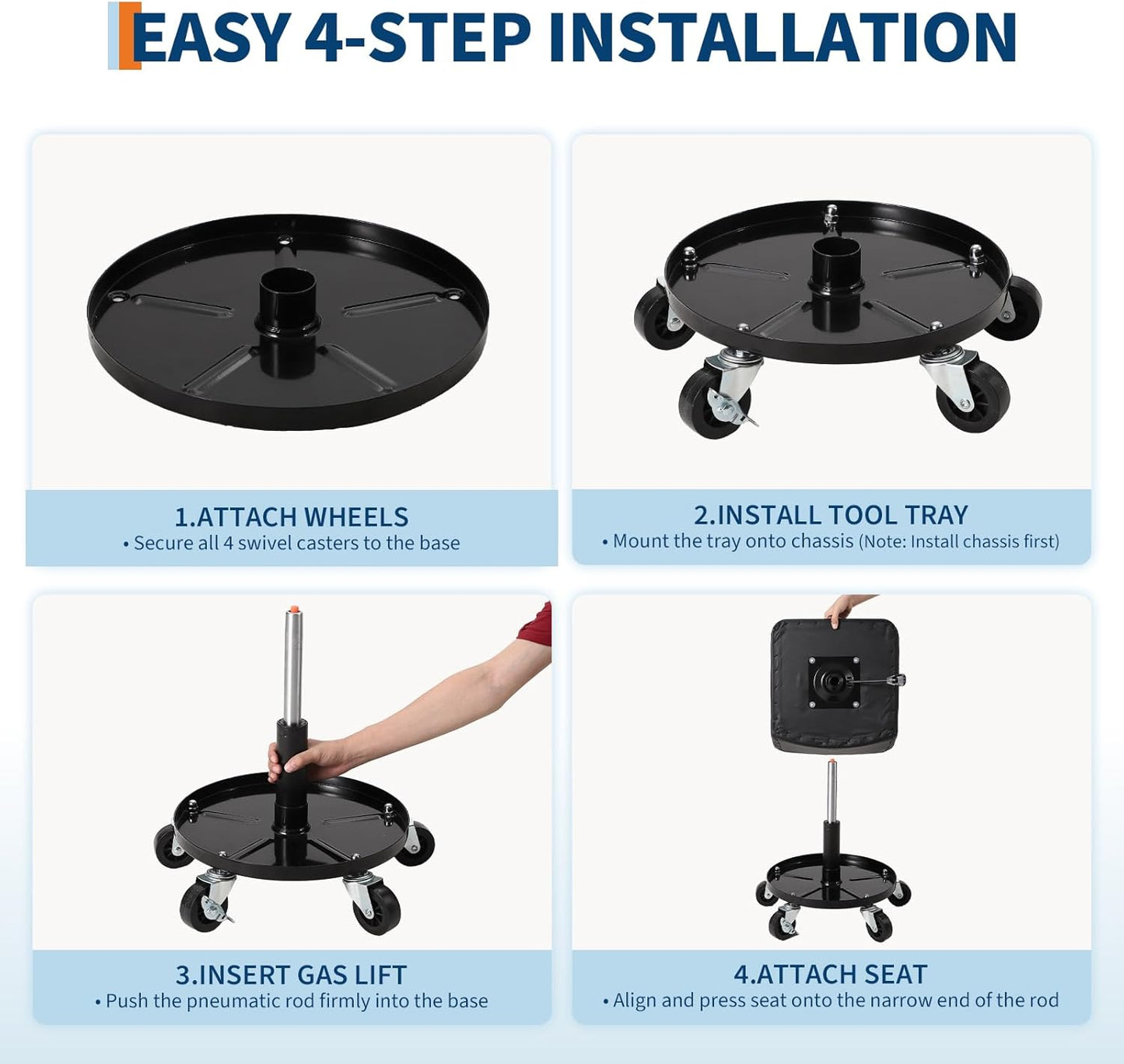 Garage Stool, 16”-21” Adjustable Rolling Mechanic Stool with Universal Wheels, Removable Magnetic Tool Tray, 300LBS Capacity, Roller Creeper Seat, Shop Chair