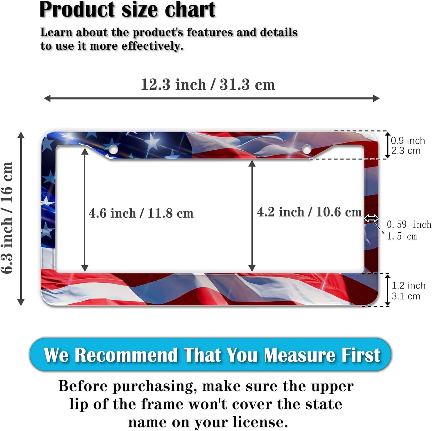 License Plate Frames for Men Multicolor Car Plate Frame for Women American Flag Aluminum Metal Car Accessory 2 Pack with Screw Covers Set