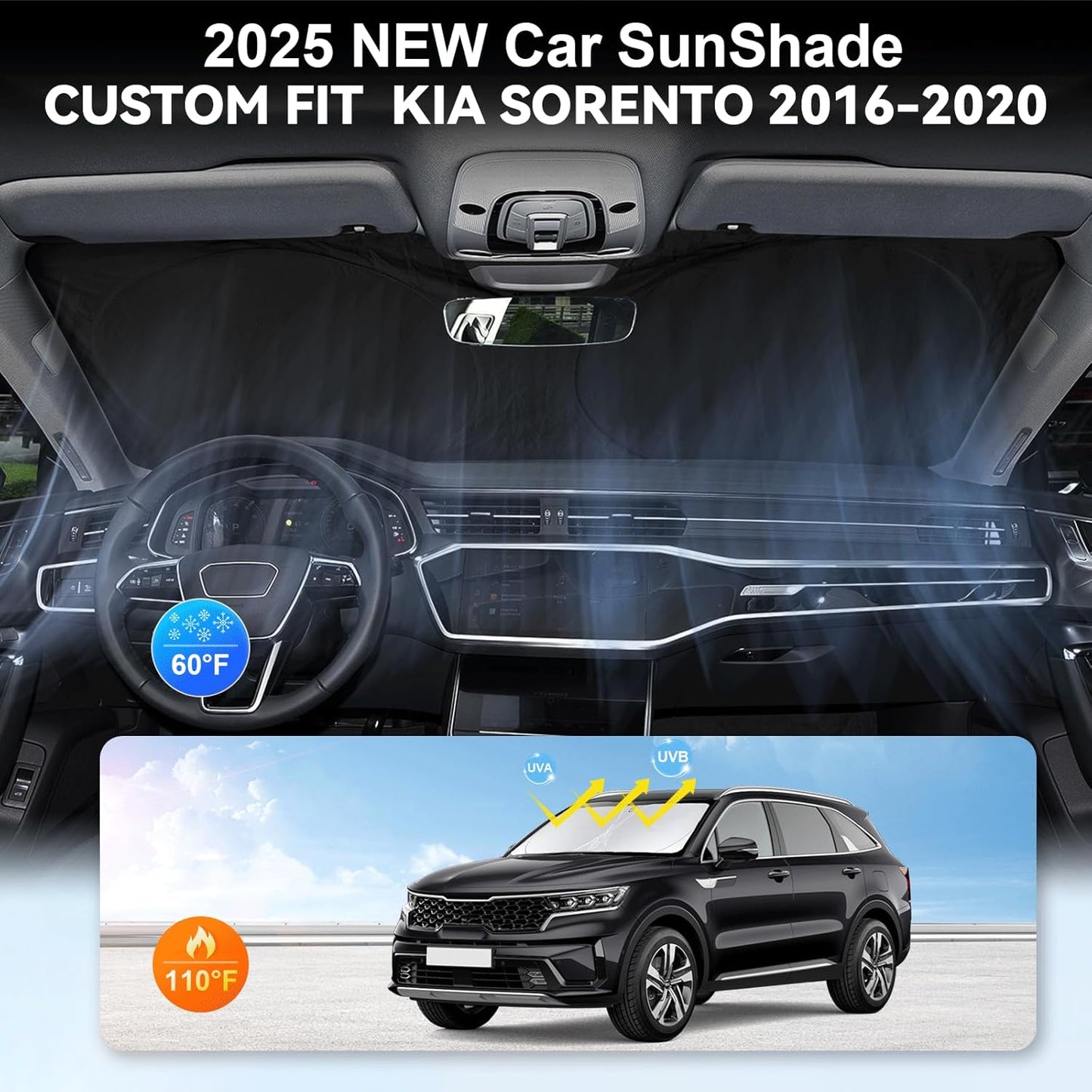 Custom Fit Sorento Windshield Sunshade for 2016-2019 2020 KIA Sorento Front Window Shades Cover for Windshield Sun Visor Protector for Kia Reflector Block Heat and Sun Protection Cooler Accessories