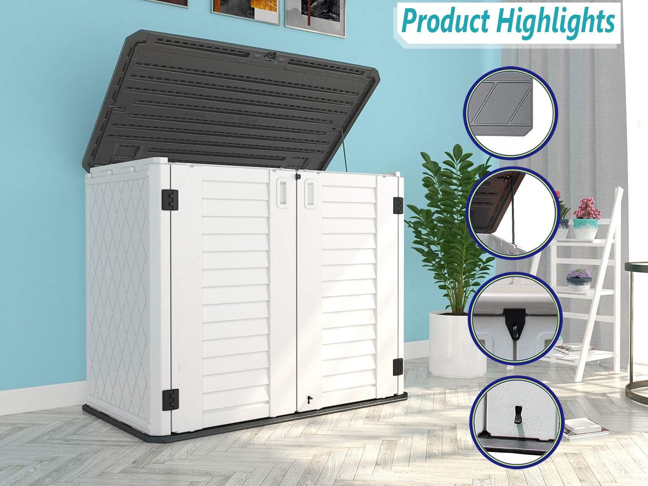 HOMSPARK Storage Shed Weather Resistance, Multi-Purpose Outdoor Storage Cabinet for Backyards and Patios, 26 Cu.ft Capacity Horizontal Storage Shed for Bike, Lawnmower, Trash Cans, Patio Accessories