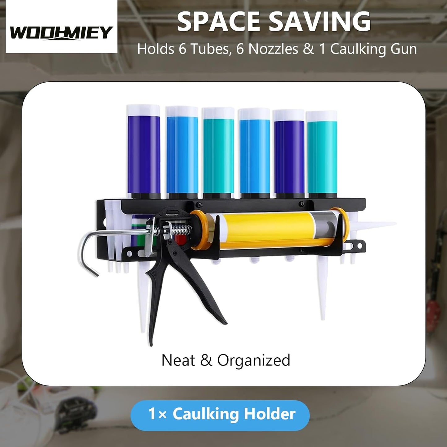 Caulking Tool Holder,Caulking Tool Storage Rack,Wall Mounted Caulk Tube Holder Sealant Organizer with 6 Tube Slots and 6 Nozzle Slots for Garage Workshop Shop