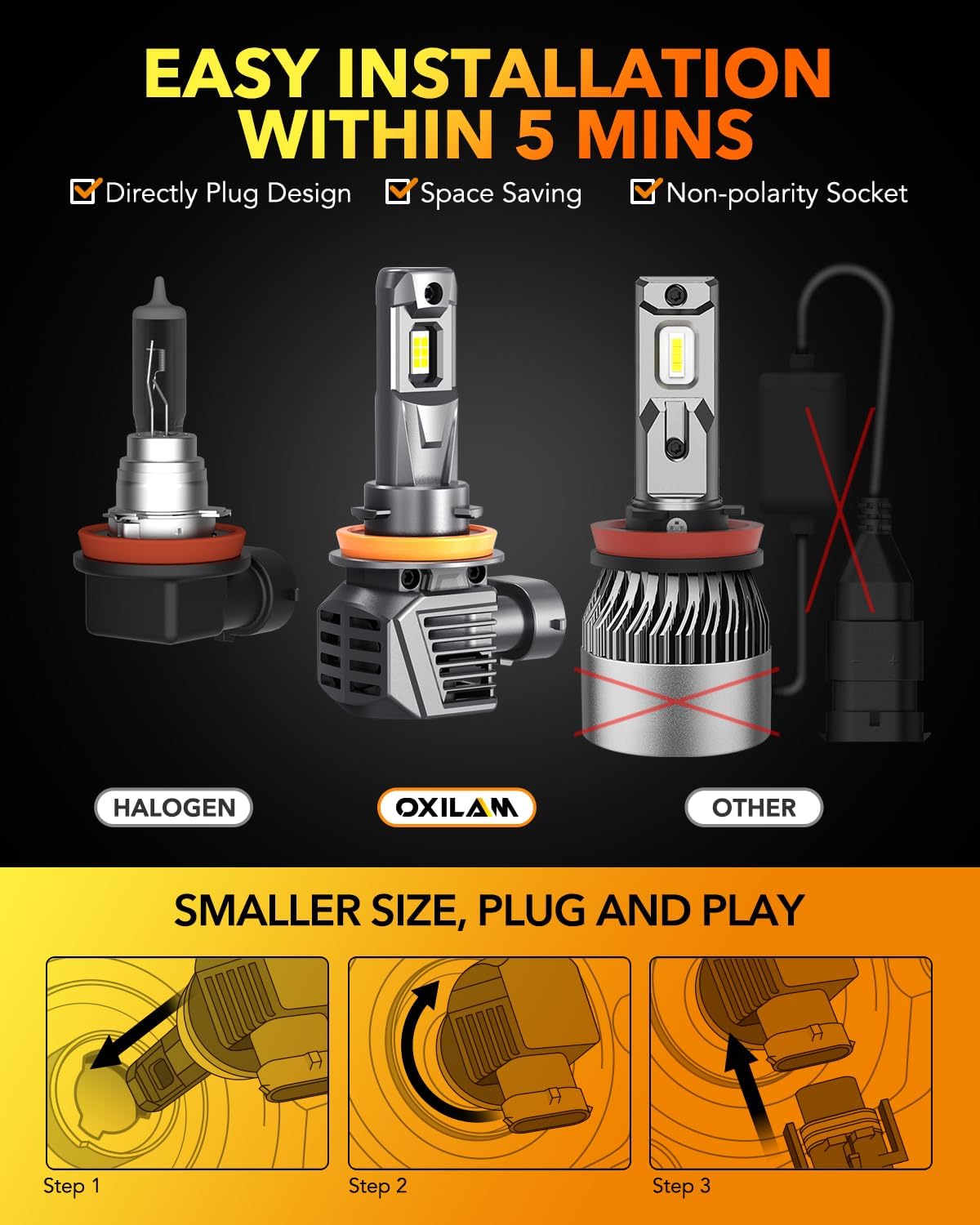 OXILAM H11 LED Bulb H8 H9 Bulbs, 900% Brighter Ultra-Bright, 3 Min Quick Install, 20 Years Lifespan, No Flicker, 99% Compatibility