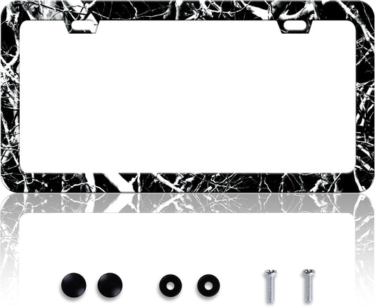 Black White Camouflage License Plate Frame Branches Trunks Camo License Plate Frames Personalise Stainless Steel Funny Design Compatible with Standard Holder for USA Canada 6 X 12 Inch with Screws