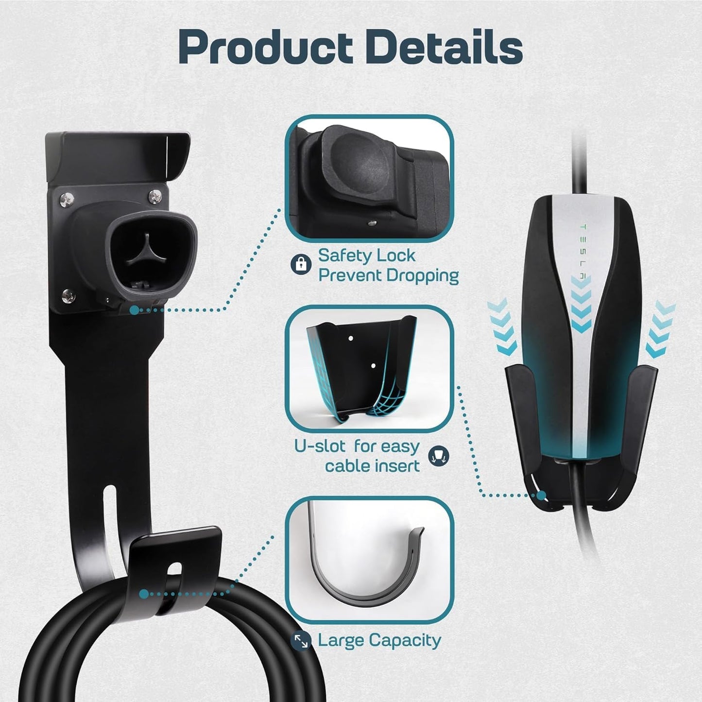 Tesla Charger Holder Wall Mount Kit, Black Mobile Connector Charging Cable Cord for Tesla Model for Indoor Outdoor Garage, Wall Mount Cable Organizer Bracket with UMC Holder
