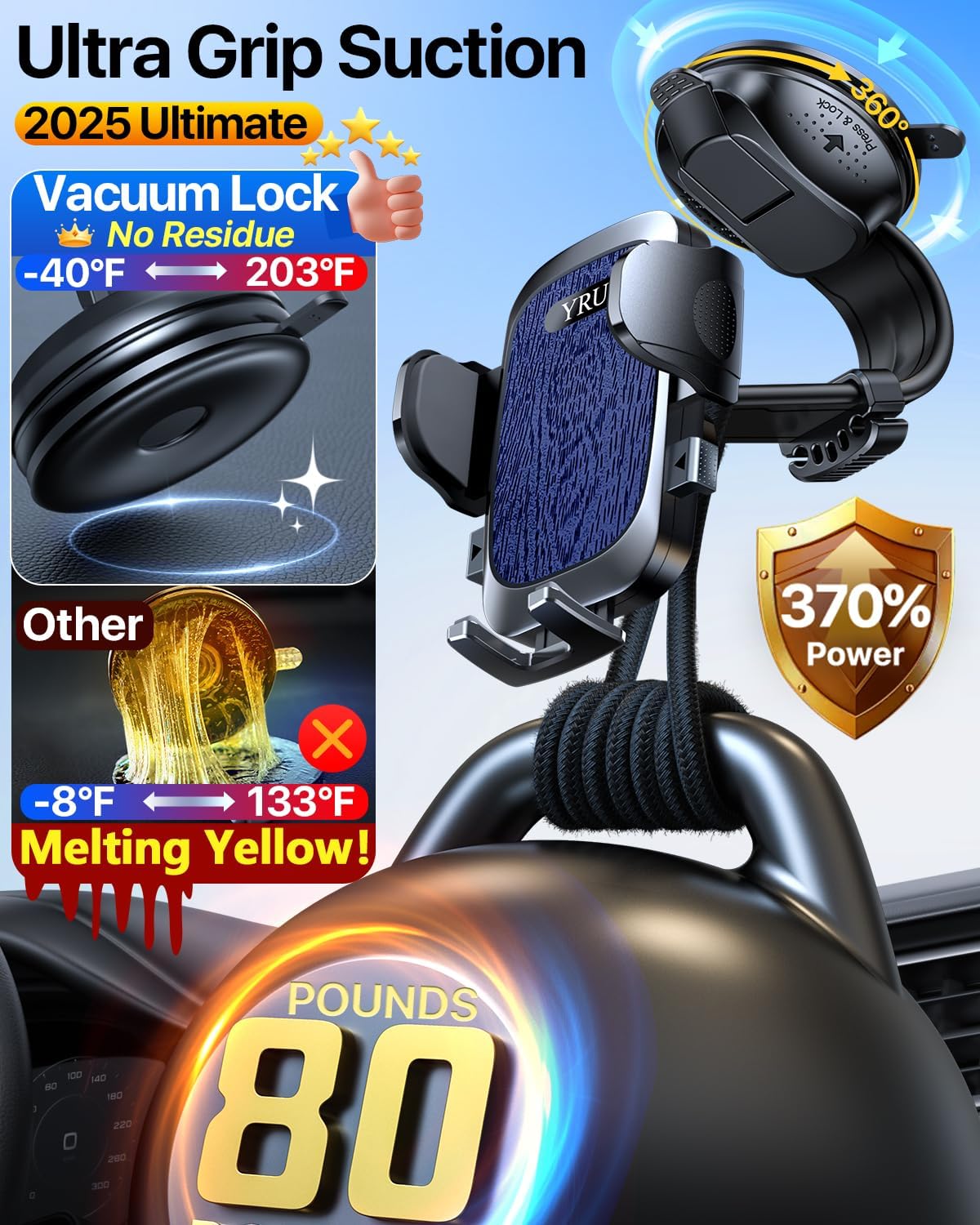 YRU [2025 Ultimate Car Phone Holder Mount [Bendable & Adjustable Aluminum Arm] Cell Phone Holder for Car Dashboard Windshield Phone Stand for iPhone16 15 14 Pro Max Samsung Pickup Truck, Dark Blue