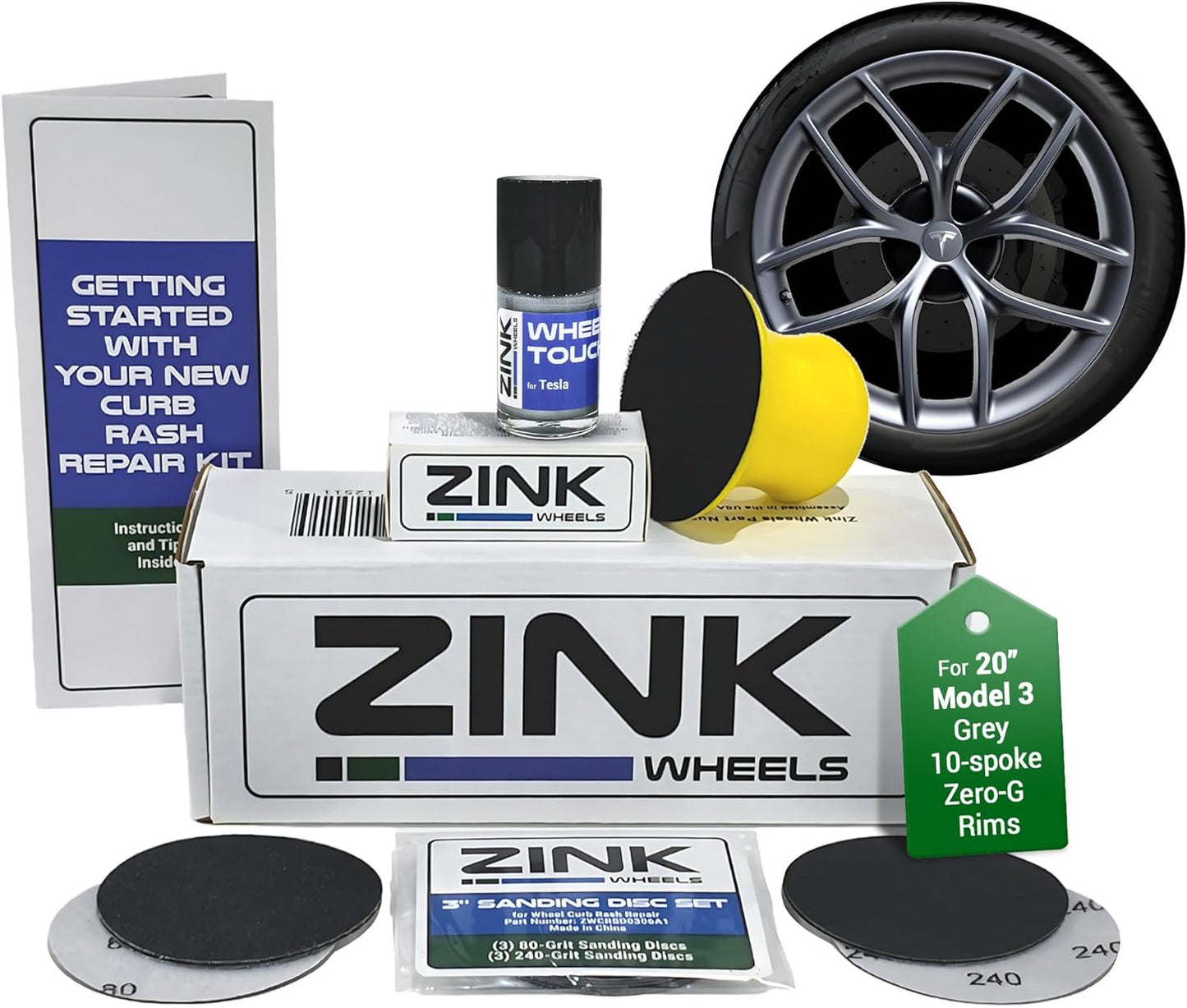 Premium Tesla Wheel Curb Rash Repair Kit for Model 3 20-inch Zero-G Rims - DIY Kit with Color-matched Touch Up Paint - Made in USA