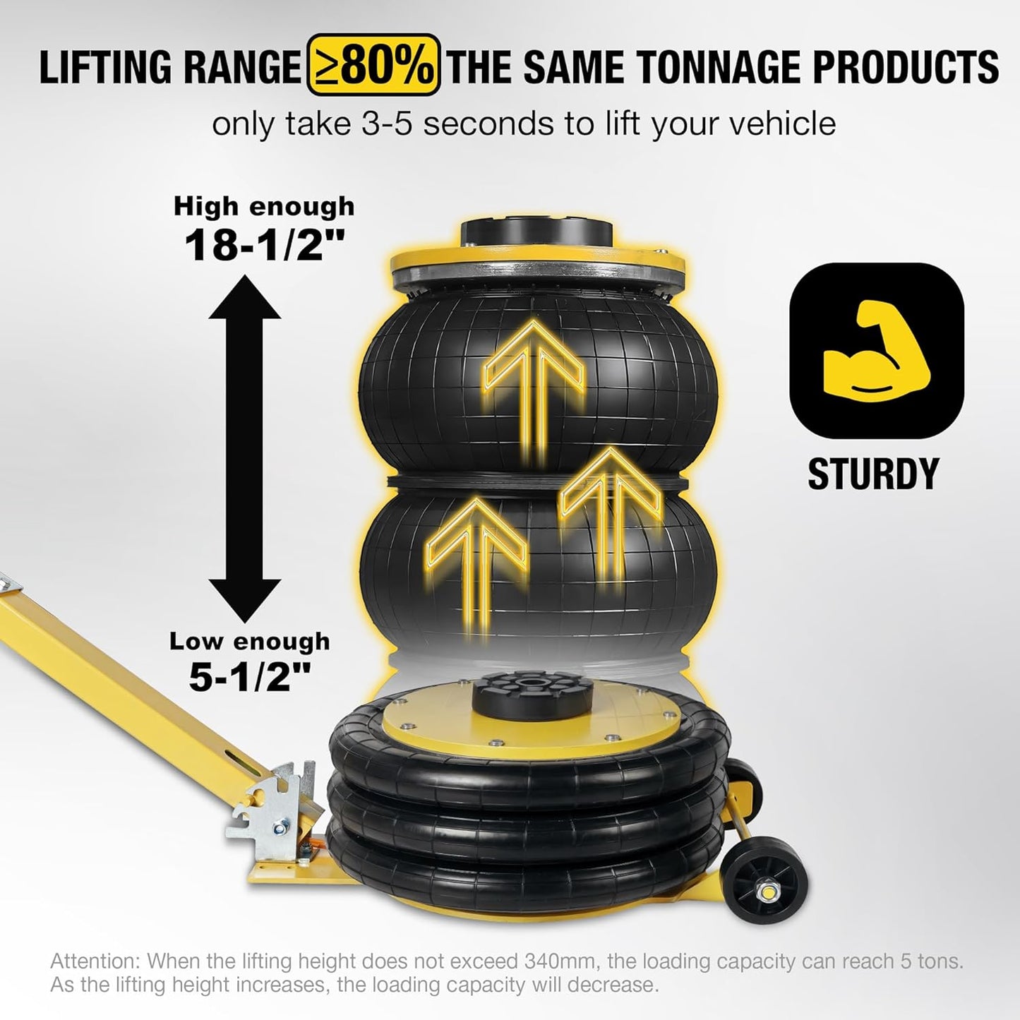 YELLOW JACKET Air Jack 5 Ton Airbag Jack with Adjustable Long Handle and Six Steel Pipes, Lift up to 18.5 inch/470 mm, 3-5 s Fast Lifting Pneumatic Jack for Cars, Garages, Repair