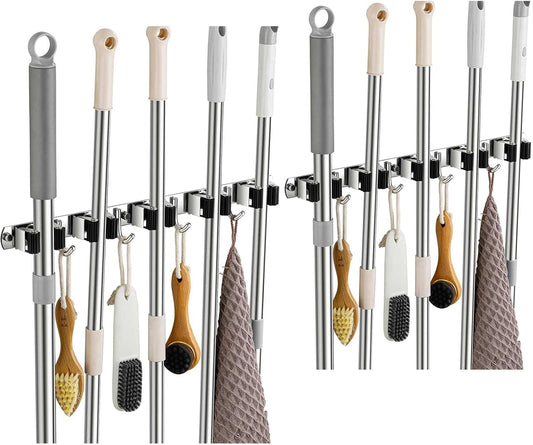 2 Pack Broom Holder Wall Mount, Stainless Steel Broom Hanger Wall Mount, Heavy Duty Mop and Broom Holder Tool Racks Utility Hooks for Laundry Room Garden Garage, Black (5 Racks and 4 Hooks)