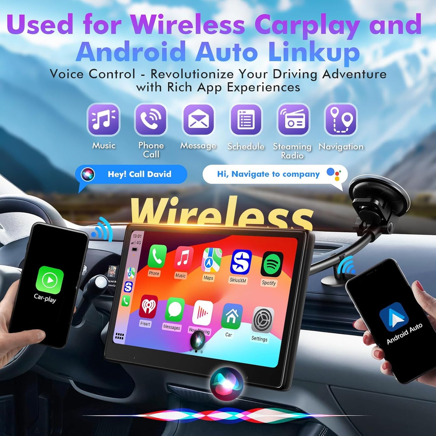 10" Touch Screen for Car, Used for Wireless Apple Carplay Android Auto MirrorLink, Portable Car Stereo with Bluetooth 2K Front Dashcam, 1080P Rear Dashcam Backup Camera