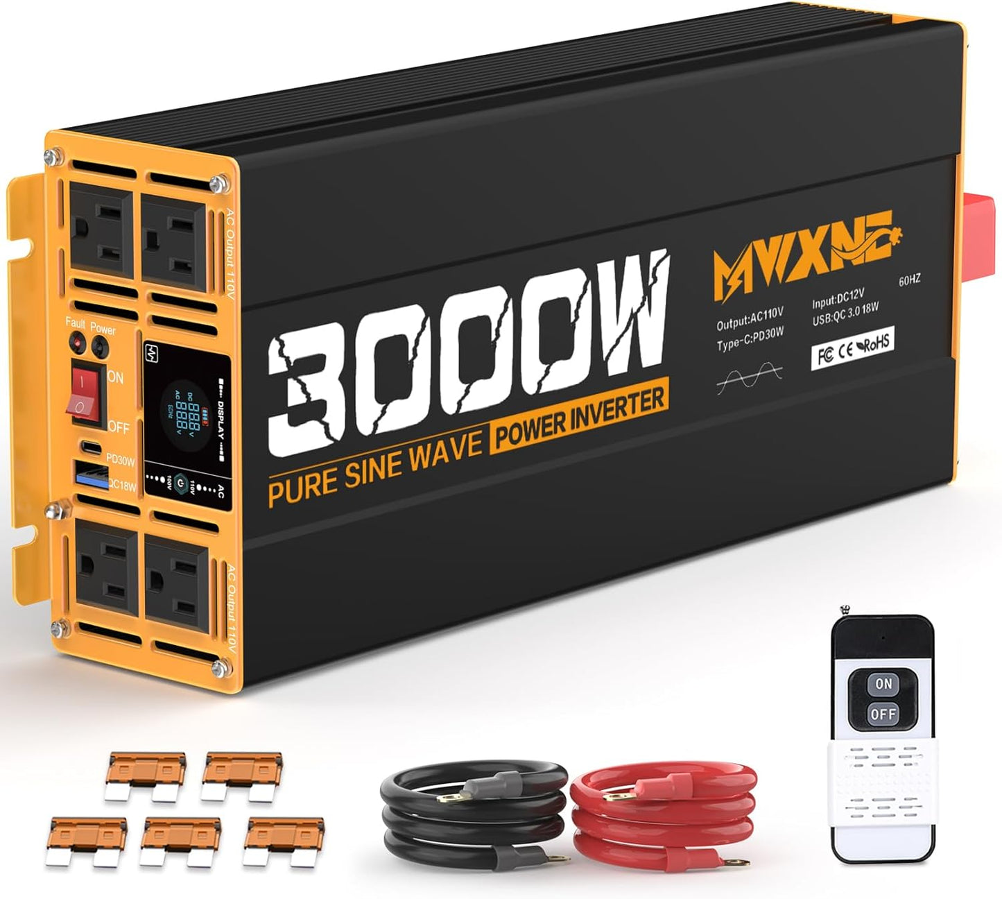 3000W Pure Sine Wave Inverter 12V DC to 110V 120V AC Converter for RV Truck Home Off-Grid Solar Power Inverter with Type-C PD30W/USB Port QC3.0 Quick Charging, 4 AC Outlets, Remote Control