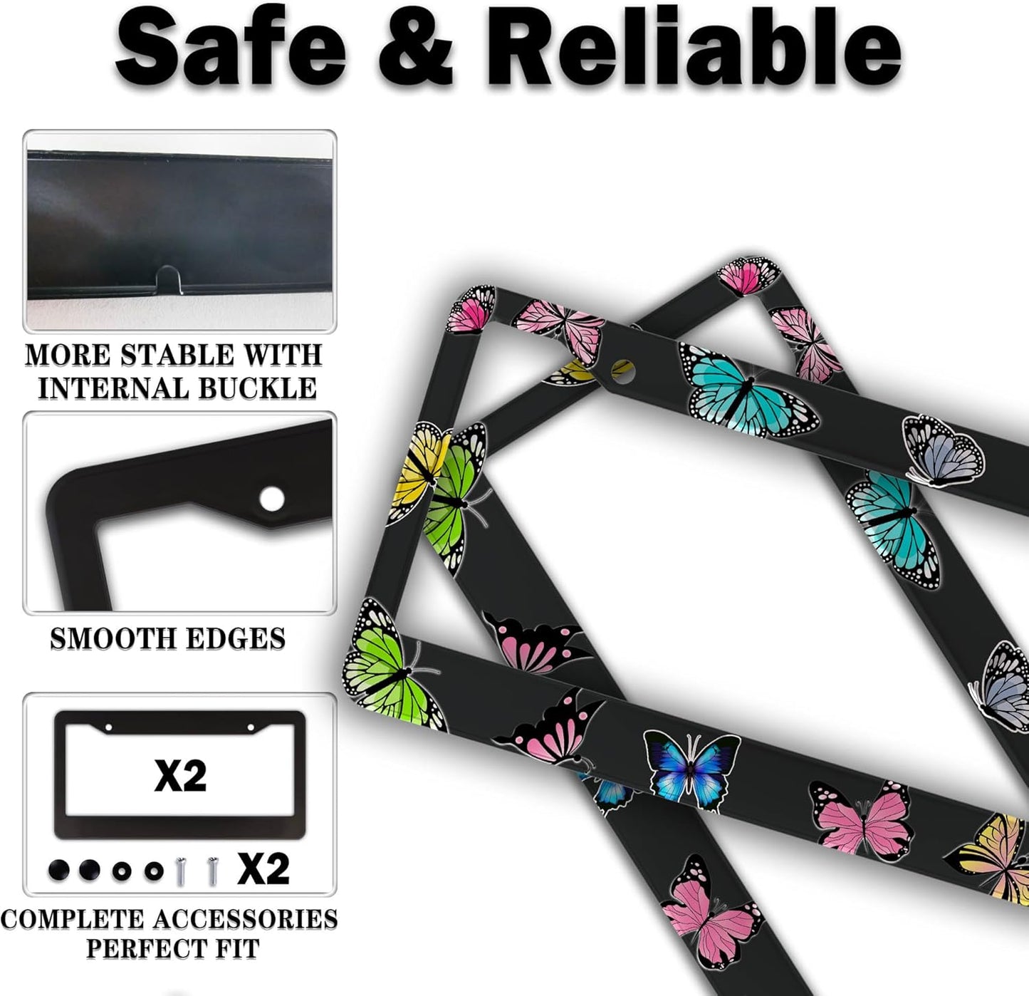 License Plate Frames for Women Multicolor License Plate Frame Holder for Men Butterfly Aluminum Metal Car Accessory 2 Pack with Screw Covers Set