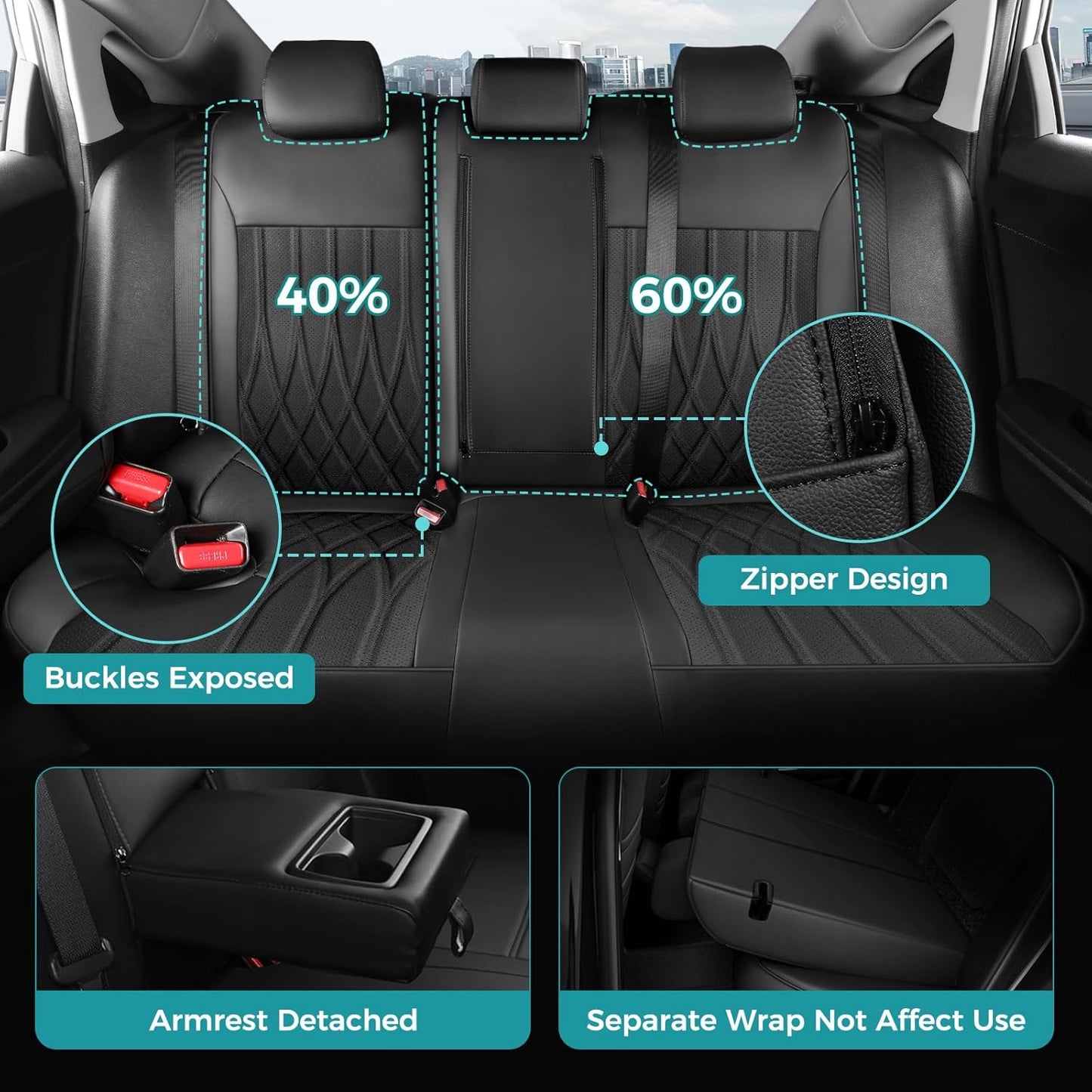 Seat Covers for Honda Civic Hatchback EX, Sport Touring, EXL 2016 2017 2018 2019 2020 2021, Faux Leather Car Seats Cover Full Set(Rear Row 40/60 Split & Folding Backrest)-Black