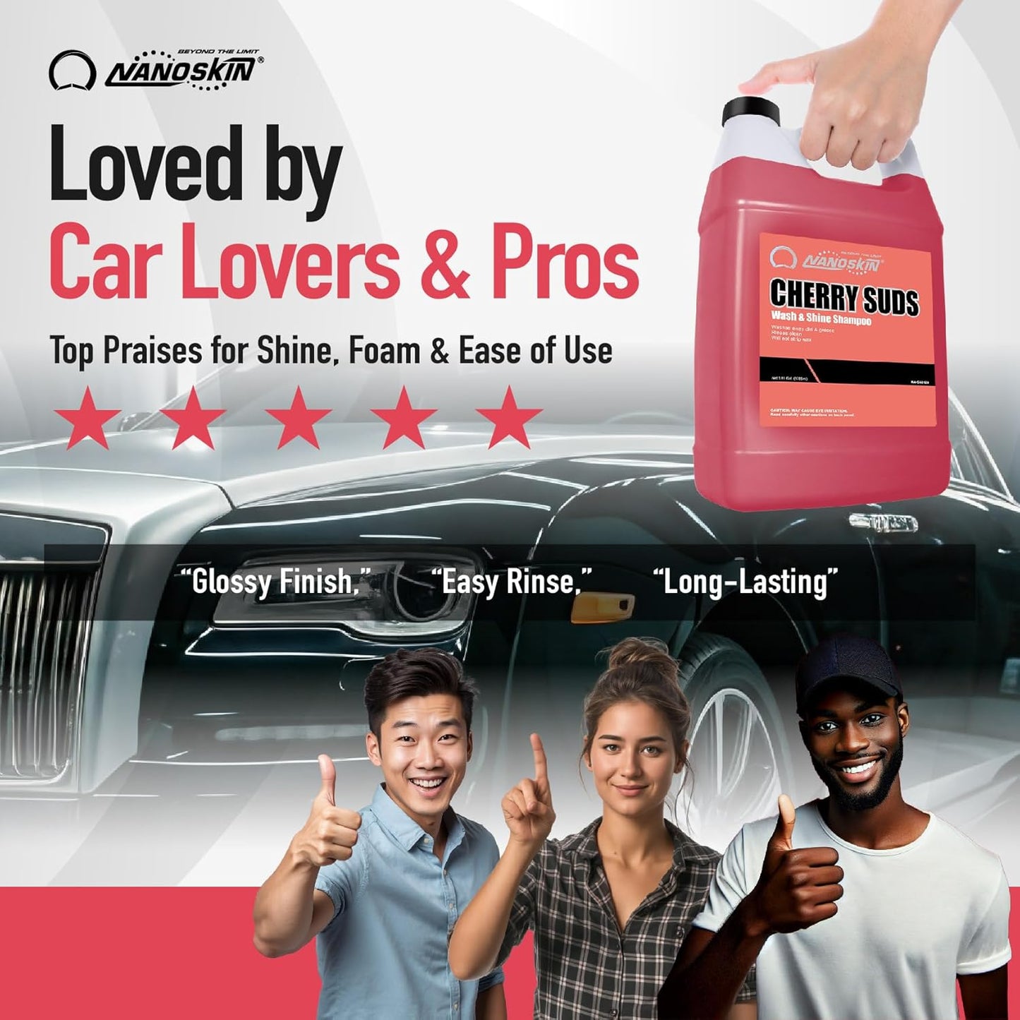 Nanoskin CHERRY SUDS Foaming Car Wash Shampoo 55 Gallons- Works with Foam Cannon, Foam Gun, Bucket Washes, Car Soap for Pressure Washer | Safe for Cars Trucks, Motorcycles, RVs & More | Cherry Scented