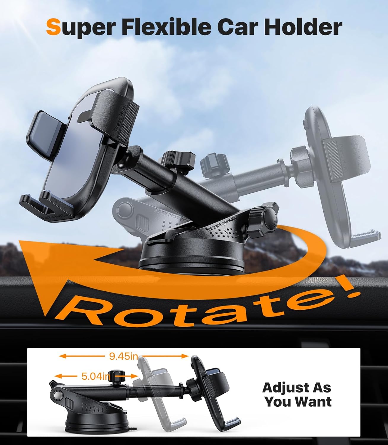 Ultra Stable Phone Holders for Your Car [Powerful & 360 Adjustable Suction Cup] Universal Car Phone Holder Mount Long Arm Flexible Car Mount for Dashboard Windshield Air Vent All Phone Case