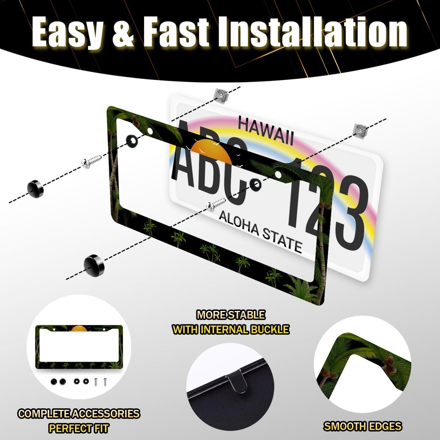 Palm Trees Sunset License Plate Frame Tropical Plants License Plate Holder Stainless Steel Front and Rear Car Tags Auto Parts Colorful License Plate Men Women Decoration with Screws 12.2" x6.2"