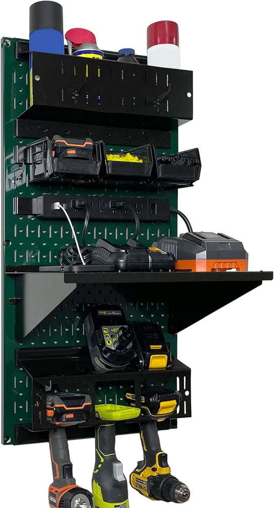 Wall Control Power Tool Storage Organizer Kit Cordless Drill Holder Charging Station Rack 16” x 32” Metal Pegboard Organization System (Green Pegboard)