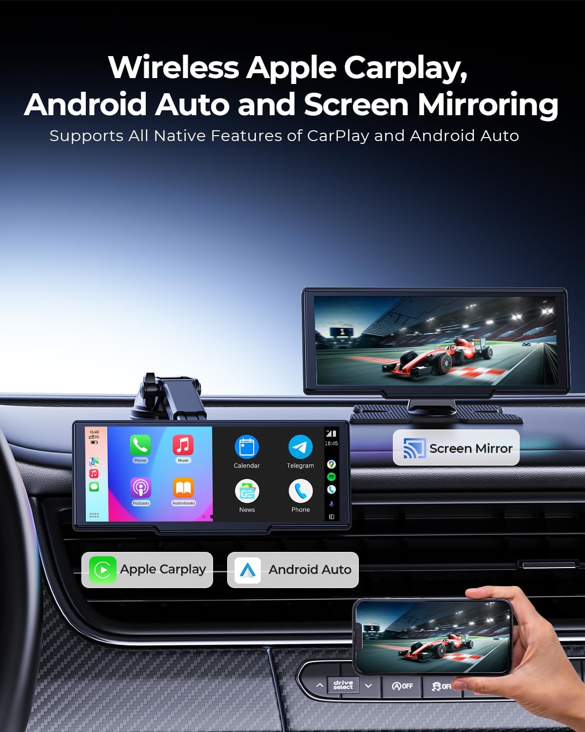 8.1" Wireless Portable 60FPS Car Play Screen for Apple CarPlay & Android Auto, OTA Updates, Backup Camera, Mirror Link, Bluetooth, Voice Control, GPS Navigation