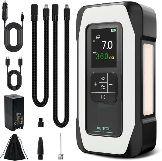 BY01 Tire Inflator Portable Air Compressor for Large Tires,Smart Air Pump with Dual Cylinder,Clourful Digital Sceen,Atuo Stop,150PSI Electric 16000mAh Cordless 12V Corded Dual-Use