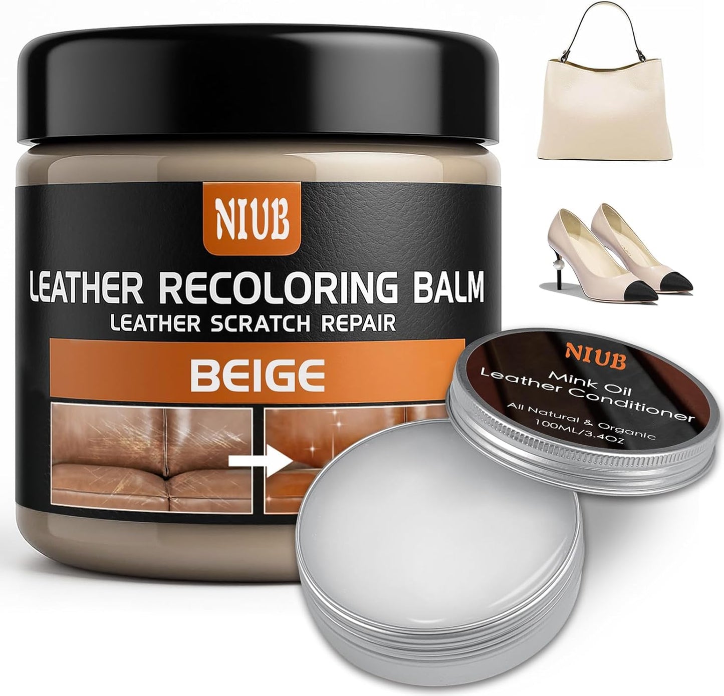 Leather Recoloring Balm Leather Color Restorer Scratch Repair Leather Paint for Furniture Couches Car Seats Shoes Bags Leather Dye and Scratched Leather with Leather Conditioner - Beige