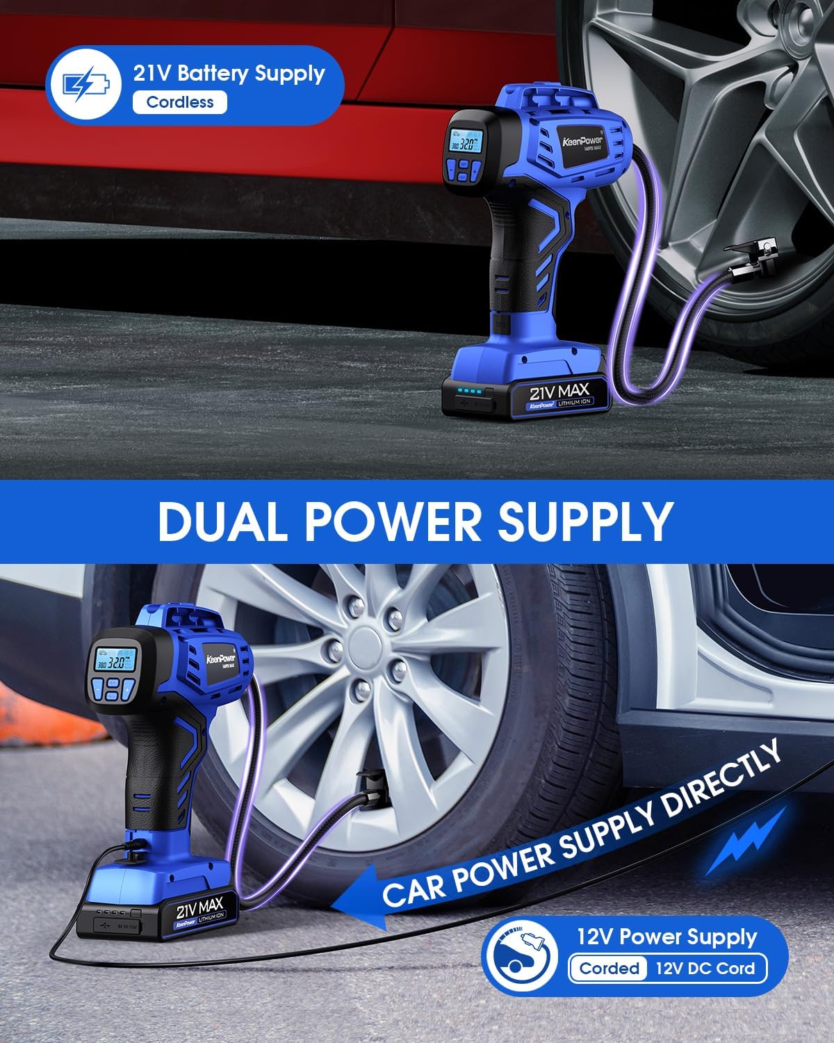 Smart Cordless Tire Inflator Portable Air Compressor Rechargeable 21V Battery Powered 160PSI Handheld Air Pump w/4+N Smart Modes & Dual Power & Digital Pressure Gauge for Cars Motorcycles