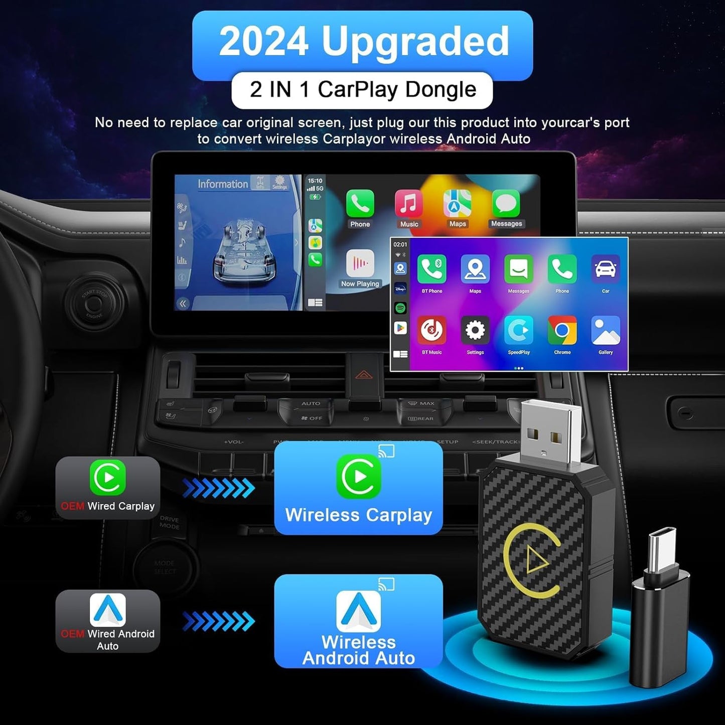Mini Wireless CarPlay and Wireless Android Auto Adapter 2025 for iPhone/Android, Carplay Wireless Dongle Plug and Play Low Latency Converts Wired to Wireless CarPlay for Cars 2016+, USB/USB-C