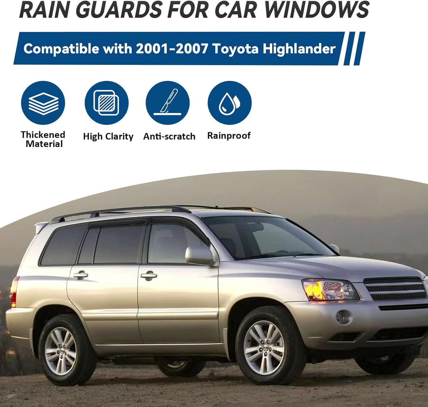 4pcs Window Visors Compatible with 2001-2007 Toyota Highlander Front+Rear Smoke Tint Sun/Rain Guard Outside Mount Tape-On Vent