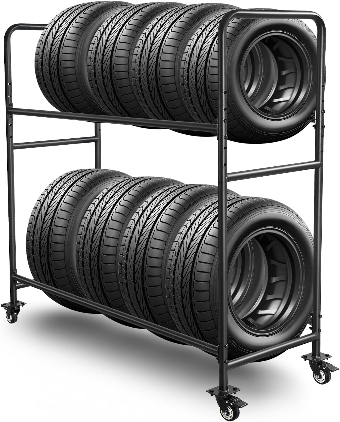 Tire Rack, Adjustable Height Metal Rolling Storage Rack 60" x 59" x 21" for Garage, Warehouse, Indoor Outdoor Use, Holds Firewood & Tires