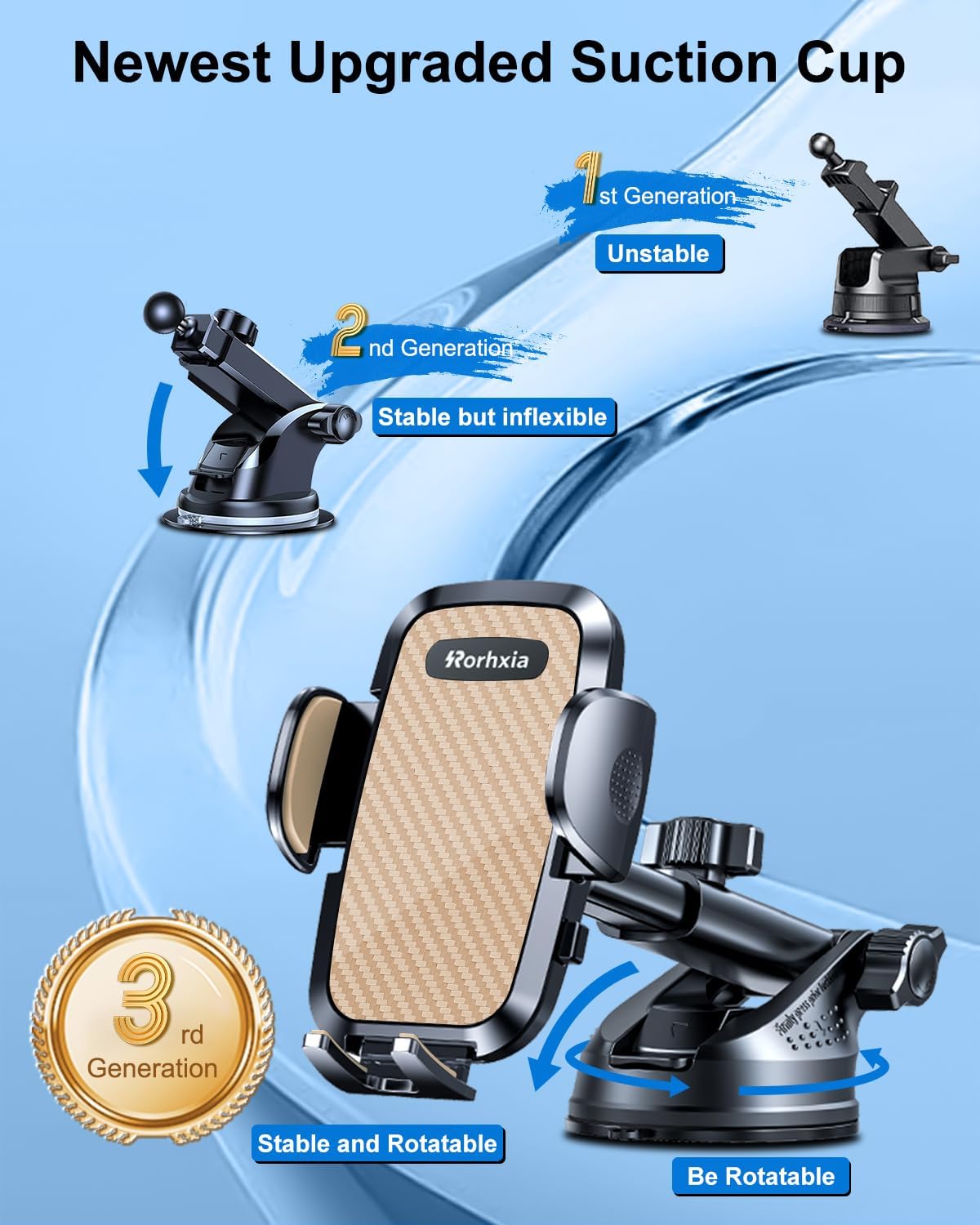 3-in-1 Phone Mount for Car [Most Stable and Flexible Suction Cup] Vent Dashboard Windshield Cell Phone Holder Car Fit for iPhone 15 14 13 12 Pro Max Samsung S23 S22 S21 All Phone, Gold