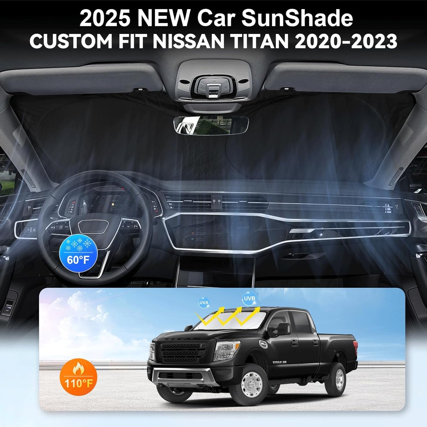 Custom Fit Titan Windshield Sunshade for 2020-2023 2024 2025 Upgrade Nissan Titan Front Window Sun Shades Shield Cover for Windshield Foldable 210T Sun Visor Protector Blocks UV Ray Car Accessories