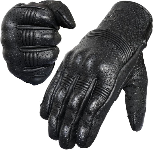 Leather Motorcycle Gloves for Men and Women | Touchscreen | Full Finger | Goatskin Leather Hard Knuckle Motorcycle Riding Gloves (Perforated, Small)
